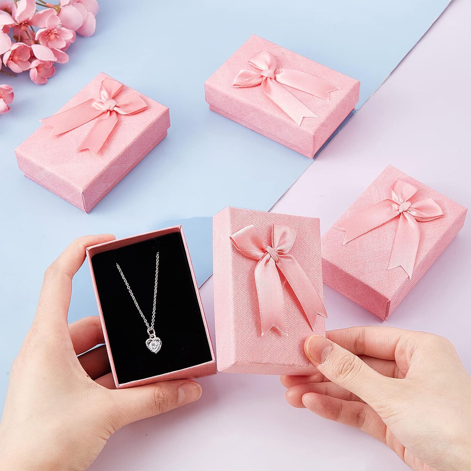 PH PandaHall 3.6x2.4 inch Pink Jewelry Gift Boxes, 12pcs Cardboard Gift Cases Paper Gift Packaging Boxes with Sponge Pad Ribbon Bowknot for Jewelry Packaging Box Proposal Christmas