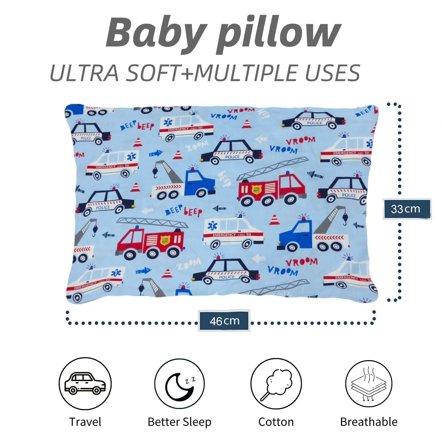 Cuscino per Bambini Con Federa Transpirante Morbido 100% Cotone