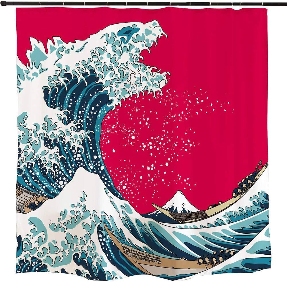 Ofat Home Japanese Monster and The Great Wave Off Kanagawa Shower Curtain Sets with Hooks, Hokusai Painting Bathroom Accessories, No Liner Needed, Red Blue, 72x72 inch