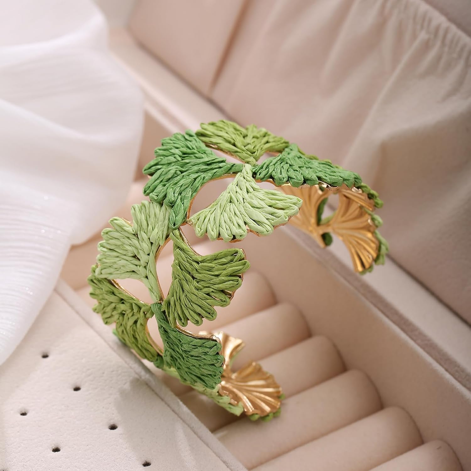 Women's Raffia Cuff Bracelet with Ginkgo Leaf, Handmade Summer Beach Jewelry, Vibrant Gradient Colors, Adjustable Open Cuff Design - Image 4