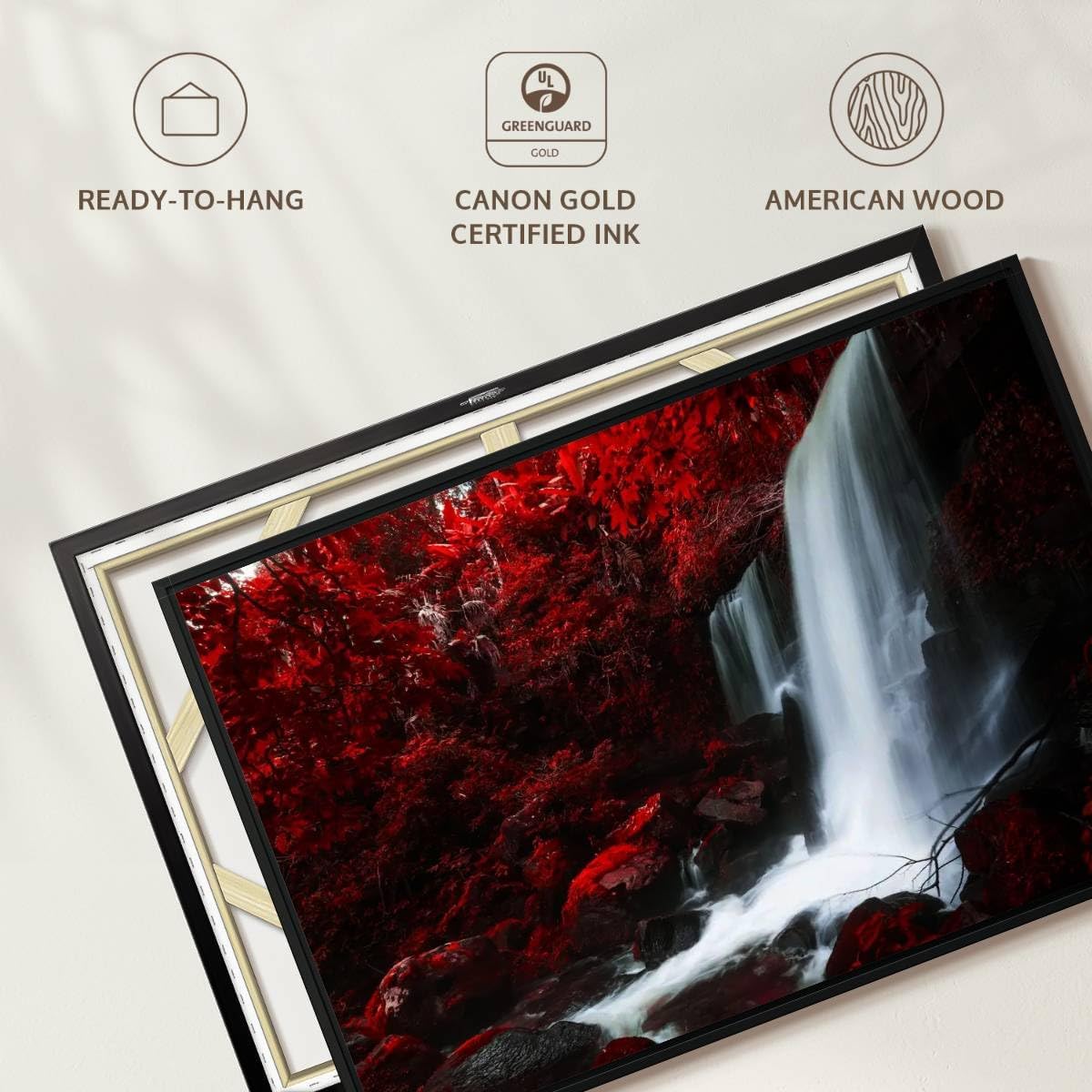 ElephantStock Red Autumn Waterfall Wall Art - Horizontal Framed Canvas - 1-Piece Living Room Wall Decor - Photography Nature Canvas Print - Red and White Decor for Wall - 13" X 9"