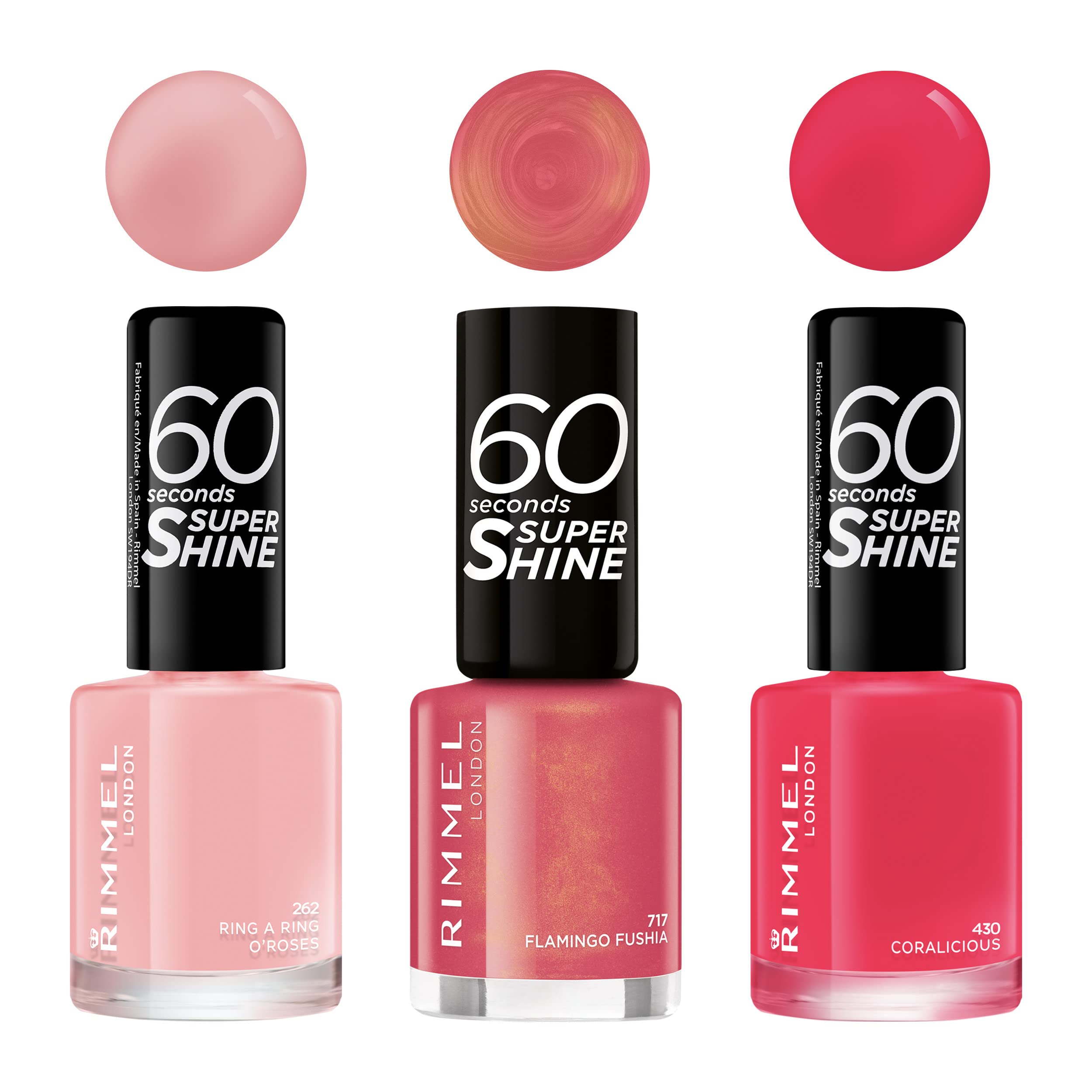 Rimmel London 60 Seconds Super Shine Smalto, Smalto asciugatura rapida, Colore vibrante, A lunga tenuta, 8 ml, 262 RINGARING Roses