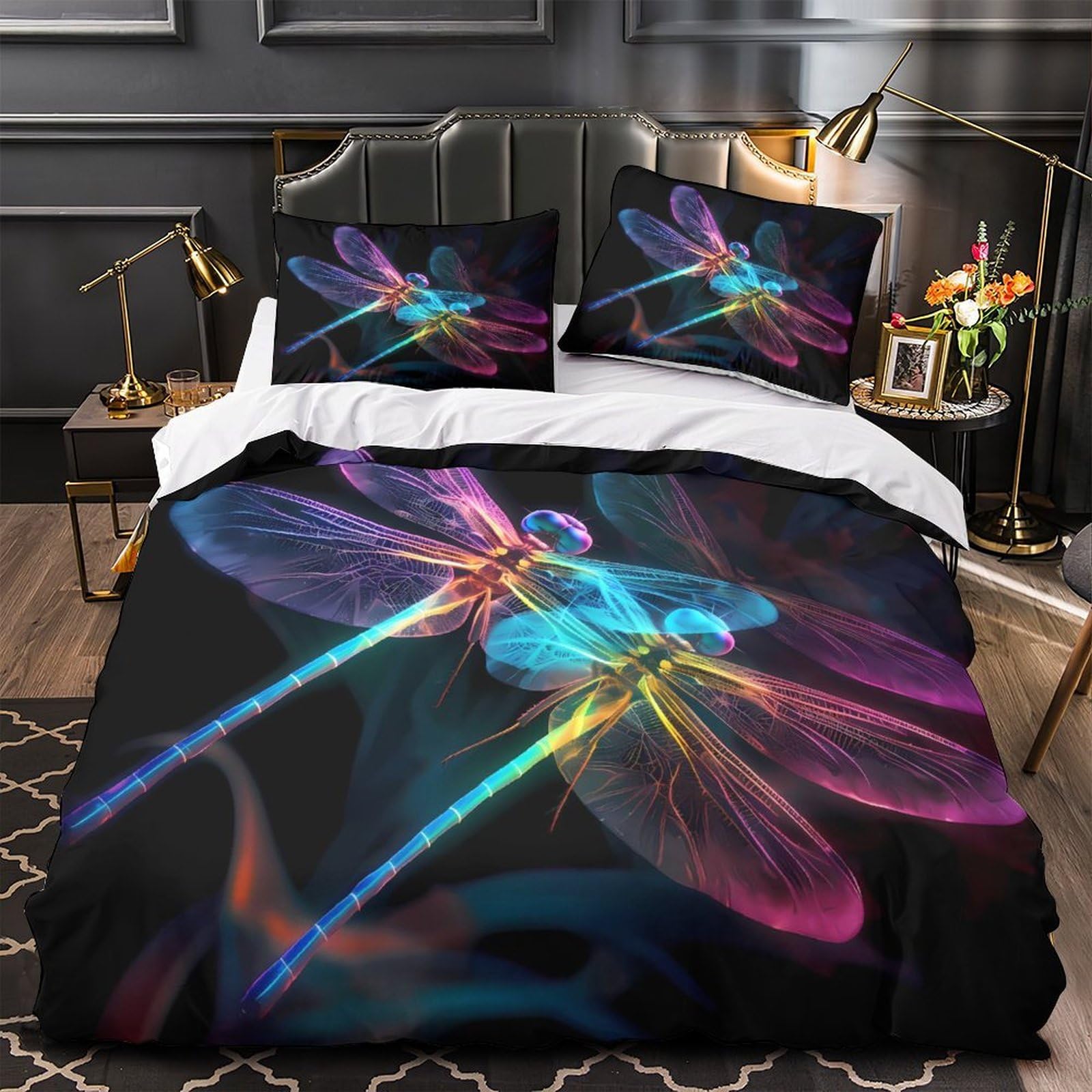 Housse de couette microfibre libellule néon lueur 3D parure de lit hypoallergénique 260x220