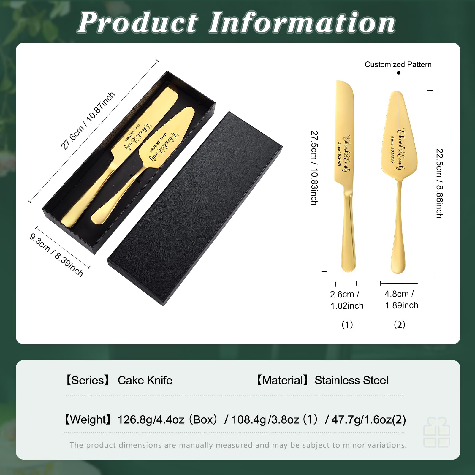 VISENSHO Personalized Wedding Cake Knife and Server Set, Custom Engraved with Name & Date, Stainless Steel Cake Cutter Gift for Wedding Anniversary (Gold)