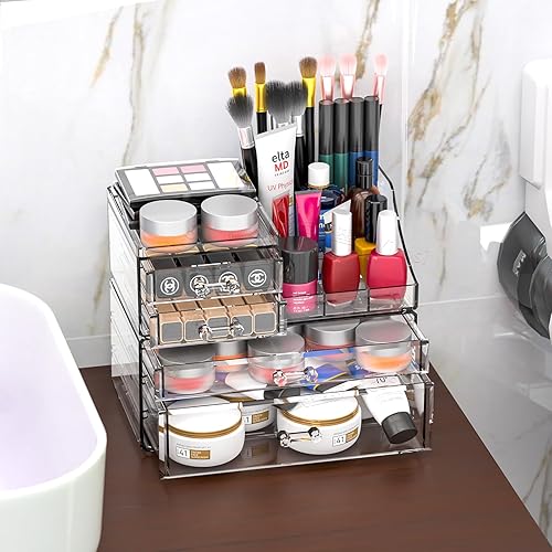 Miniatura 6 de SUOXING Organizador de maquillaje acrílico transparente para tocador, baño, tocador, 4 cajones organizadores de maquillaje para mostrador,
