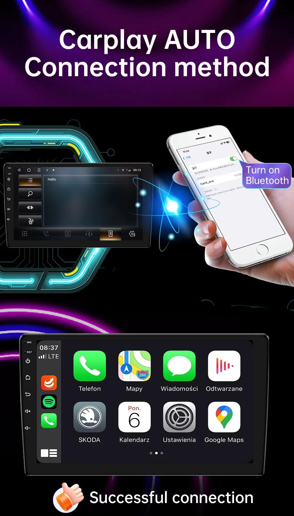 GPS Navi Navigationsgerät für Auto mit Carplay&Android Auto,Europa UK 52 Karten, Lebenslang kostenlosem Kartenupdate(Typ C)