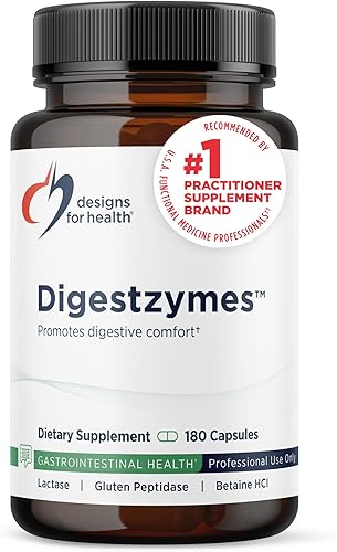 Designs for Health Digestzymes - Enzimas digestivas con betaína HCl clorhidrato de betaína  pesina suplemento para la salud intestinal - Ayuda a la