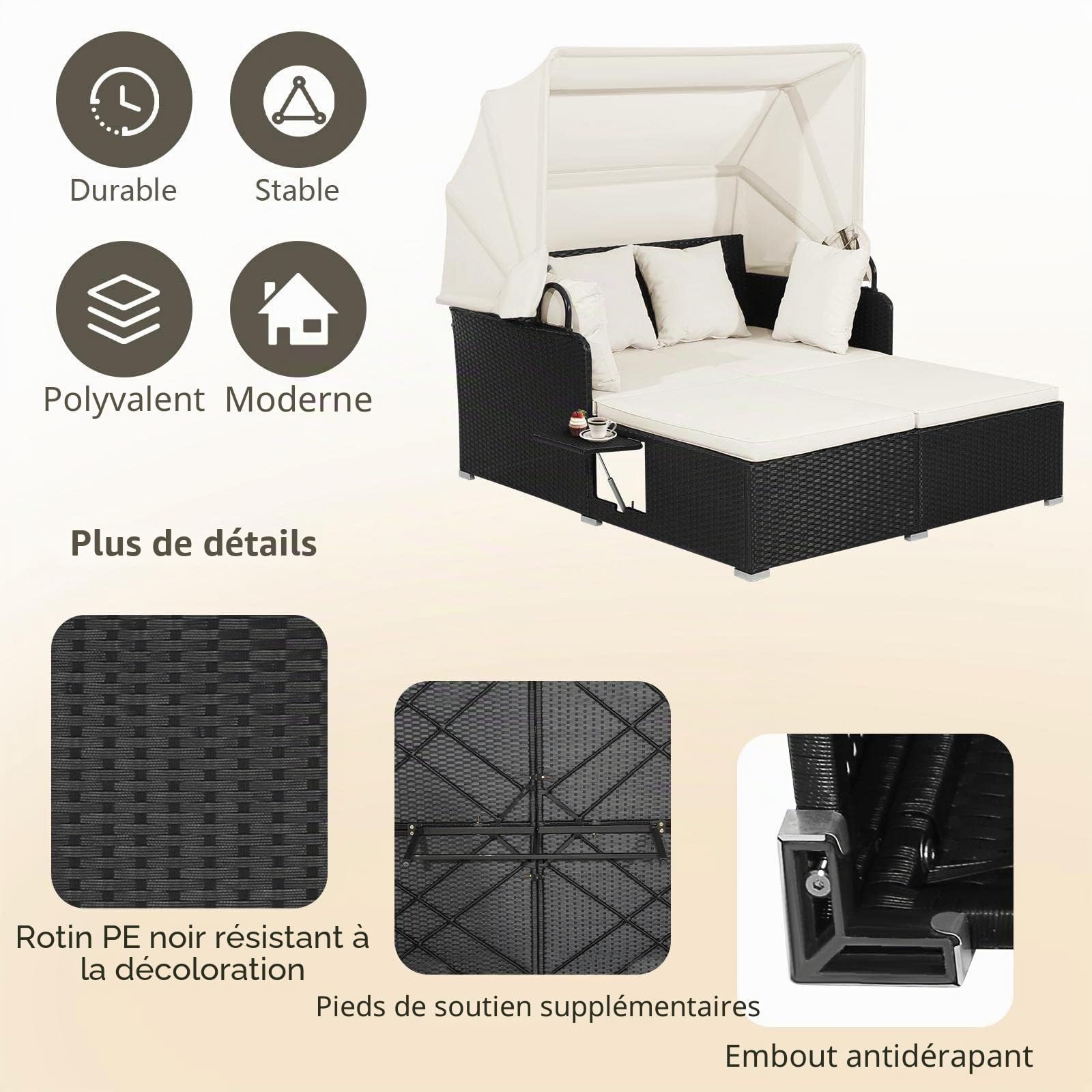 KOMFOTTEU Chaise Longue de Jardin en rotin pour 2 Personnes, avec Toit Pliable et Panneaux latéraux, lit de Relaxation imperméable avec Coussin de siège, Chaise Longue pour l'intérieur et l'extérieur