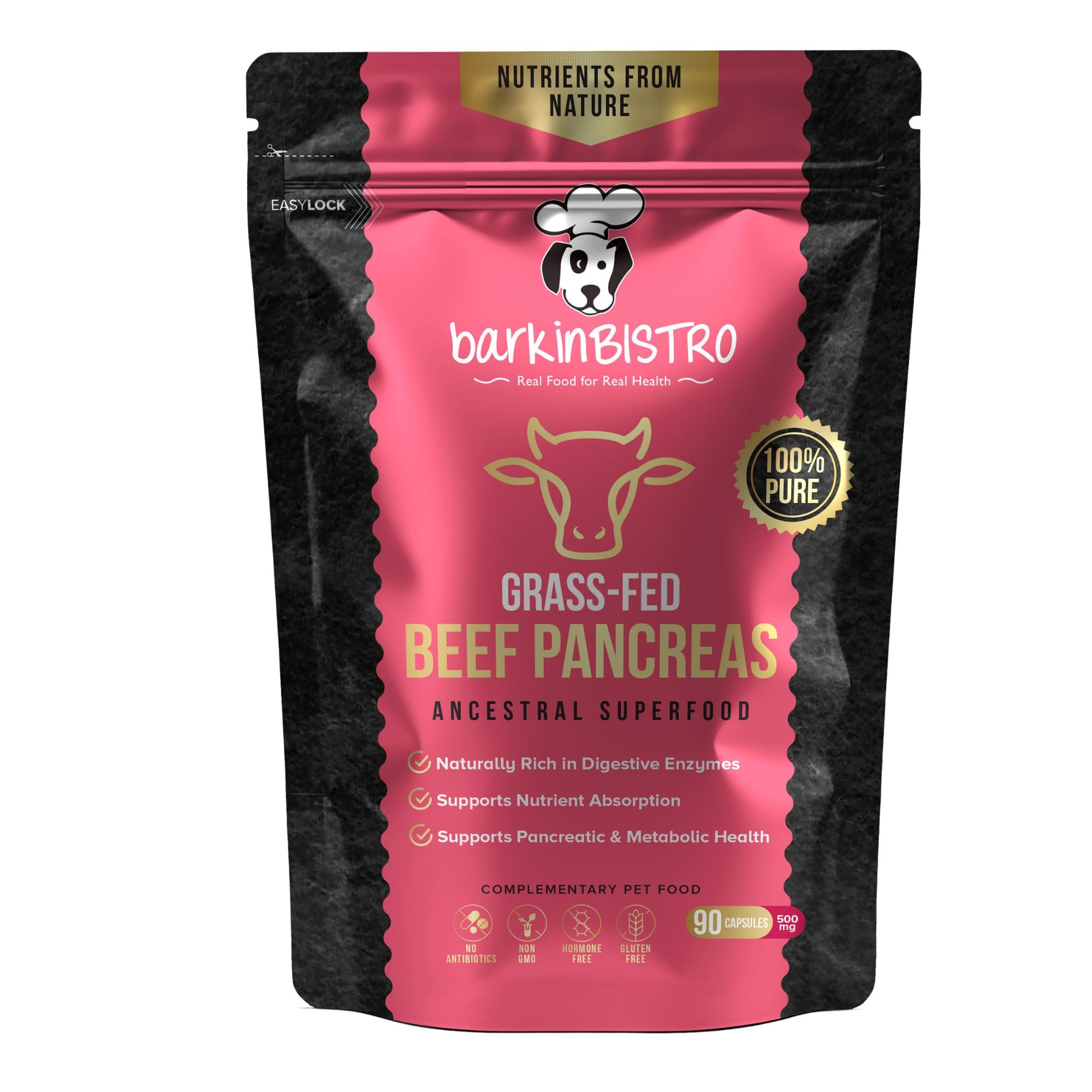 barkinBISTRO Beef Pancreas Capsules for Dogs & Cats | Grass Fed Freeze Dried Bovine Organ Supplement | Natural Digestive Enzymes, Gut Health Support, Nutrient Absorption & Pancreatic Function