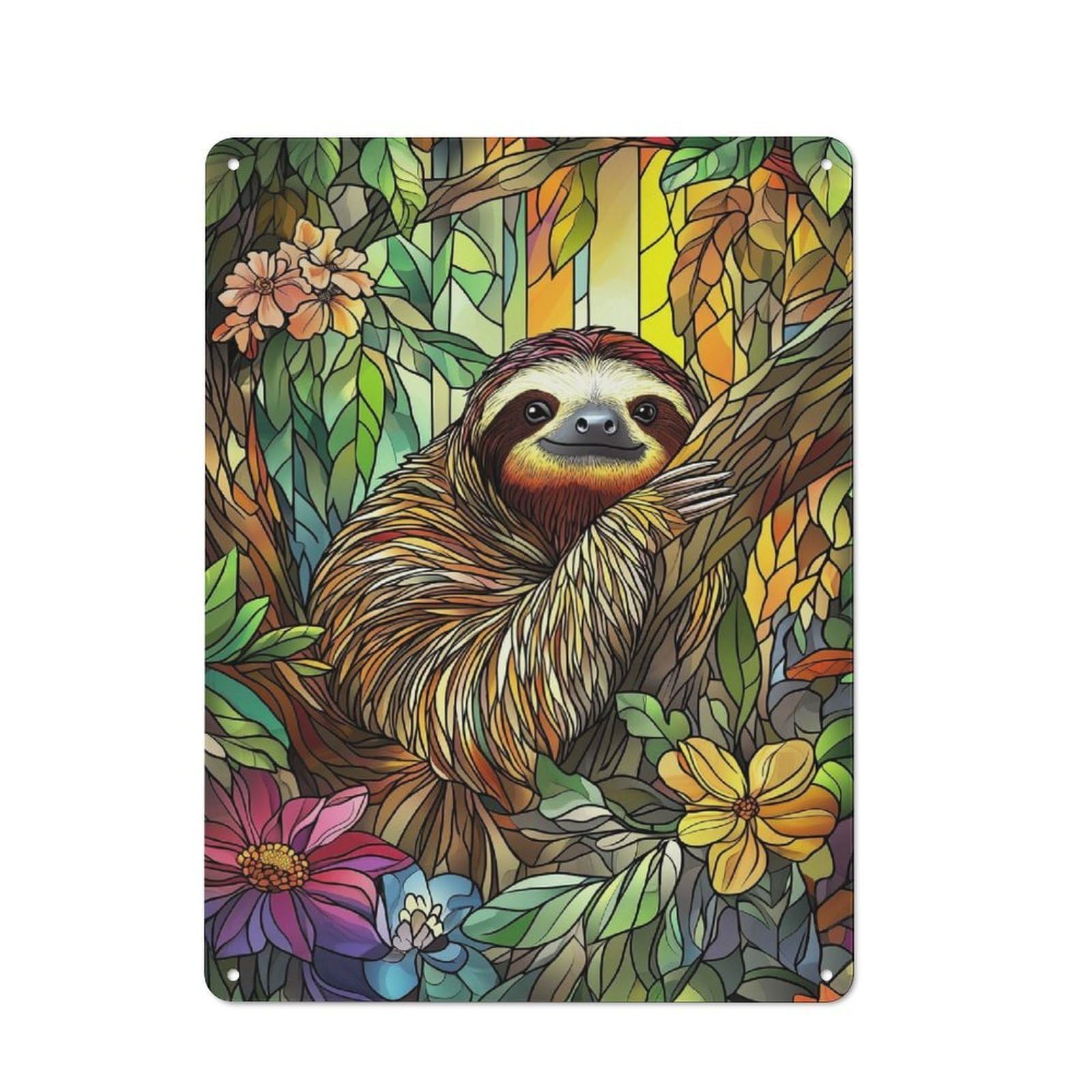 Junmoney Style-23 Sloth In Jungle Stained Glass Vintage Metal Sign 40X30cm, Shop Front Style Cafe Wall Decor For Takeaway, Bar, Kitchen Or Counter Area
