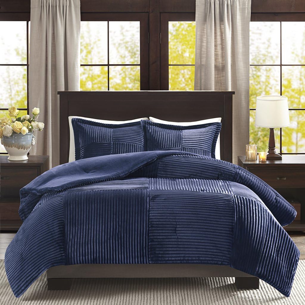 Premier Comfort Madison Park Parker Corduroy Ultra Soft Luxury Premium Plush Comforter Mini Bedding Set, King/Cal King, Navy
