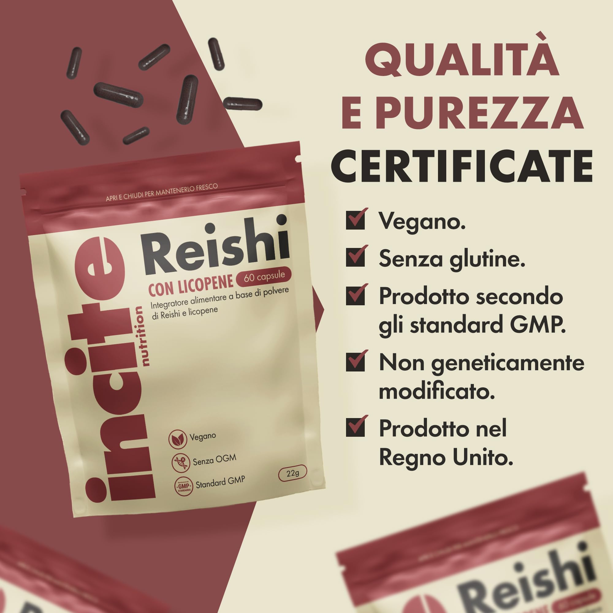 Incite Nutrition Reishi + Licopene Complex – 60 capsule vegane | Supporto immunitario e antiossidante | Polvere di reishi (Ganoderma lucidum) e licopene al 10% | Senza conservanti