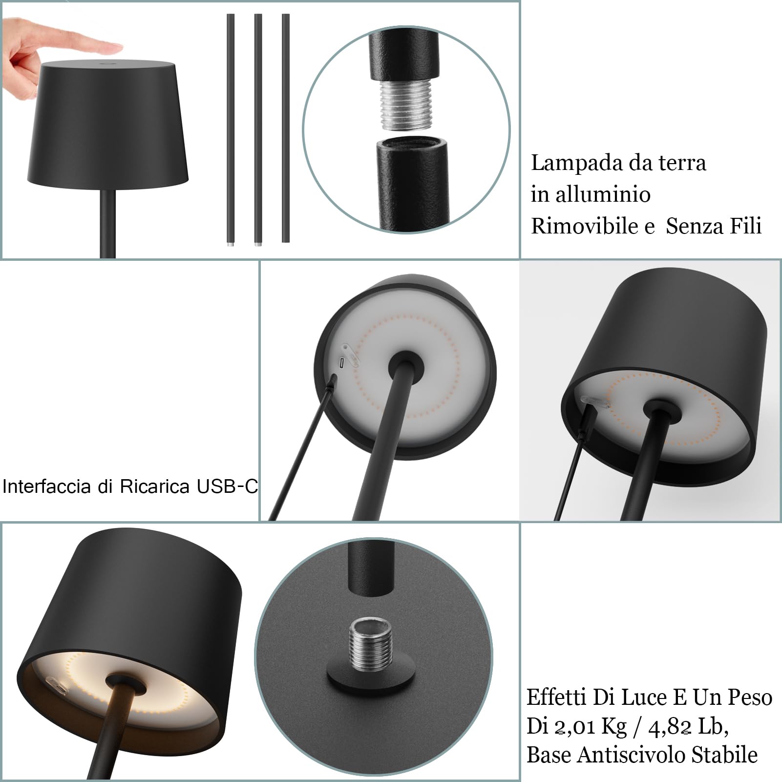 K-Bright Lampada da Terra 3000K LED, Alimentata a Batteria Ricaricabile da 4W, IP54 Impermeabile Senza Fili per Esterni Dimmerabile (Antracite)