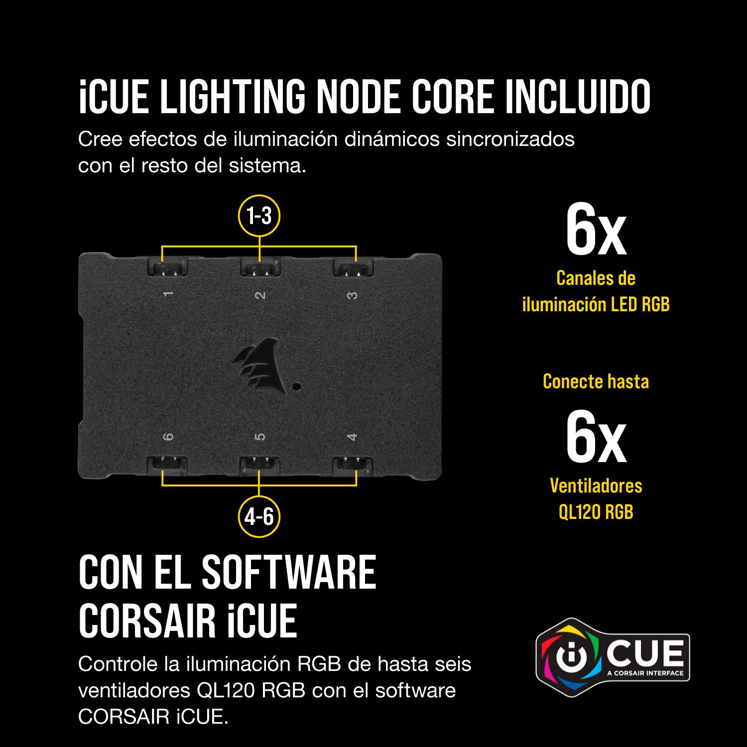 Corsair iCUE QL120 RGB, Ventilador LED RGB de 120 mm, Direccionables Individualmente, De Hasta 1500 RPM, Silencioso, Amortiguadores Antivibraciones, Paquete Triple con Lighting Node CORE, Negro