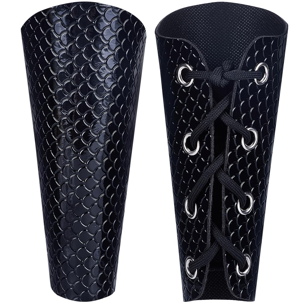 GORGECRAFT 2PCS Leather Gauntlets Wristband Medieval Arm Guards Retro Renaissance Black Fish-scale Pattern Embossing Adjustable PU Leather Armband Armor Cuff for Halloween Knight Cosplay Costumes