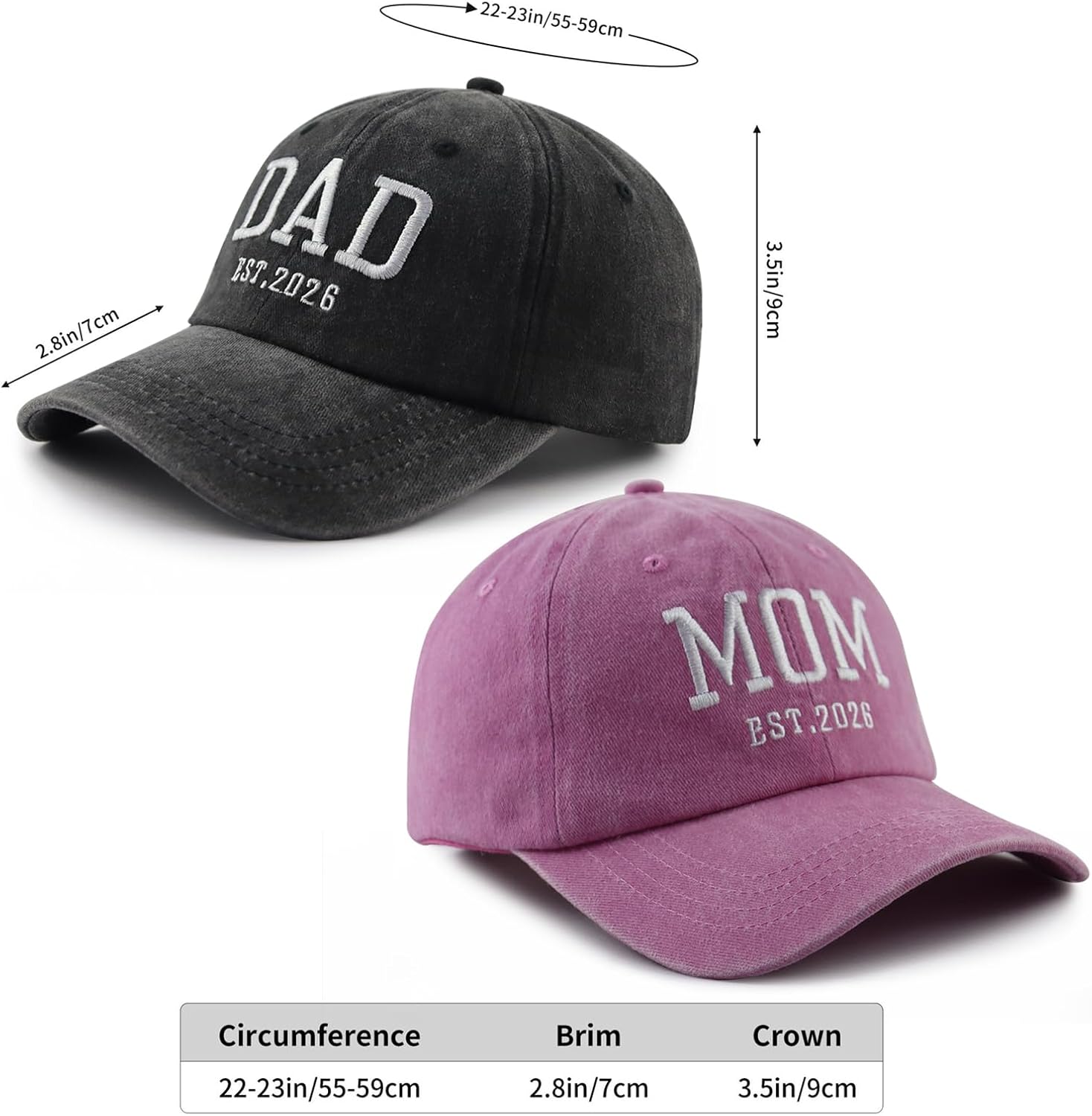 2PCS Mom and Dad EST 2026 Hat for Women Men, Funny Adjustable Cotton Embroidered New Parents Gifts Baseball Cap