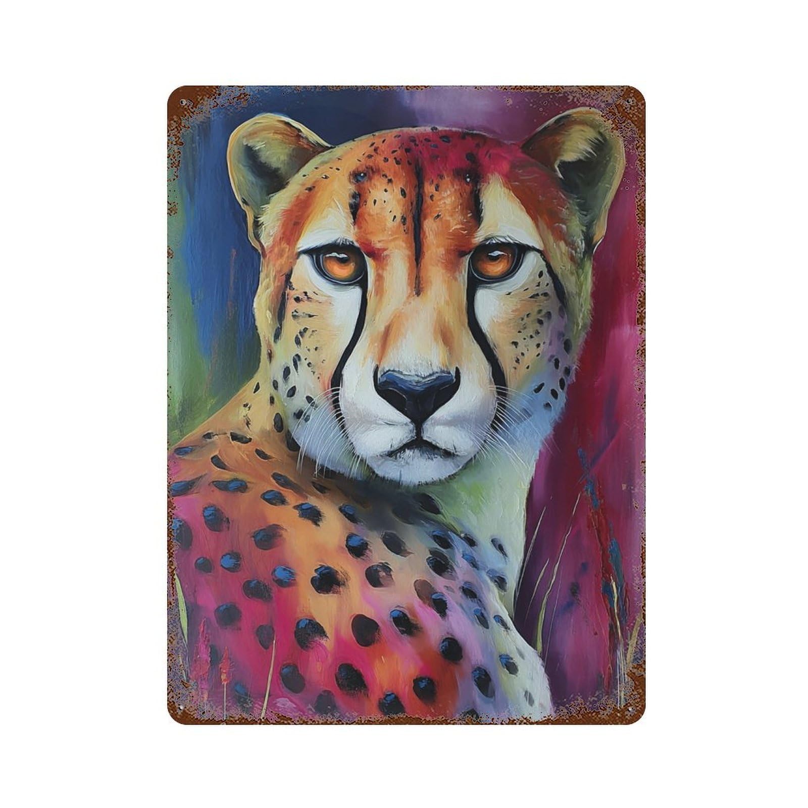 Colorful Cheetah Portrait Painting-1 Rust Effect Tin Sign 15.7"x11.8", Novelty Wall Decor for Garage, Pub Or Kitchen