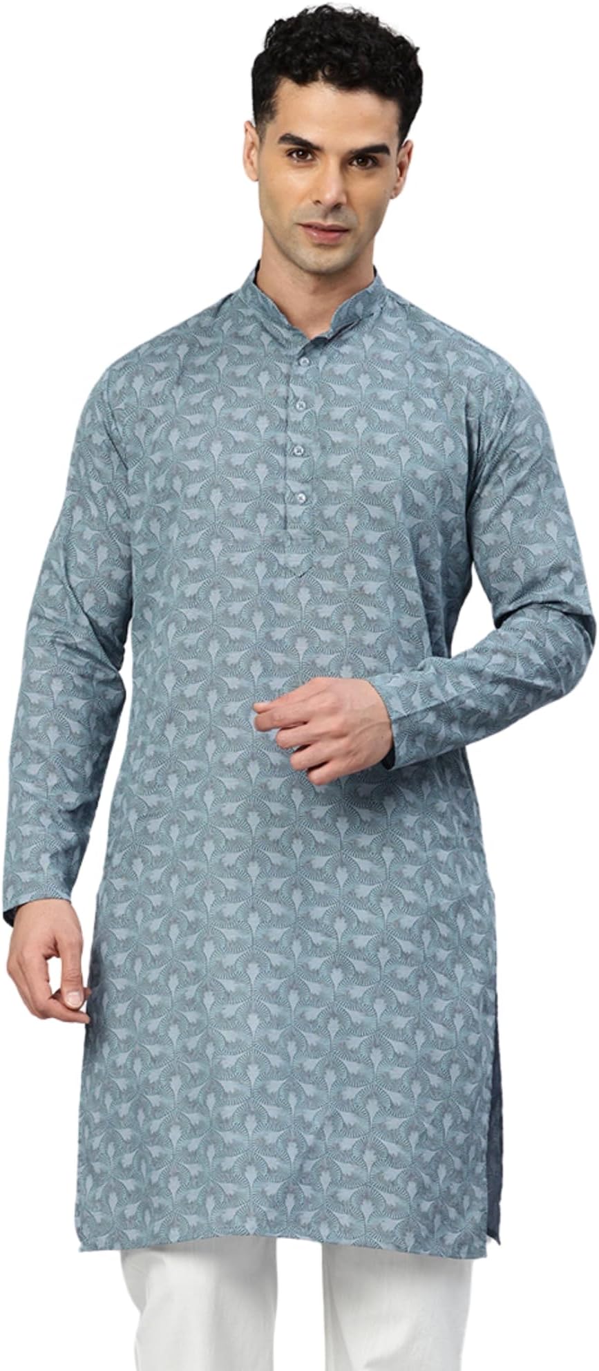 Majestic Man Men's Cotton Regular Fit Casual Mandarin Collar Ethnic Motifs Printed Long Regular Kurta