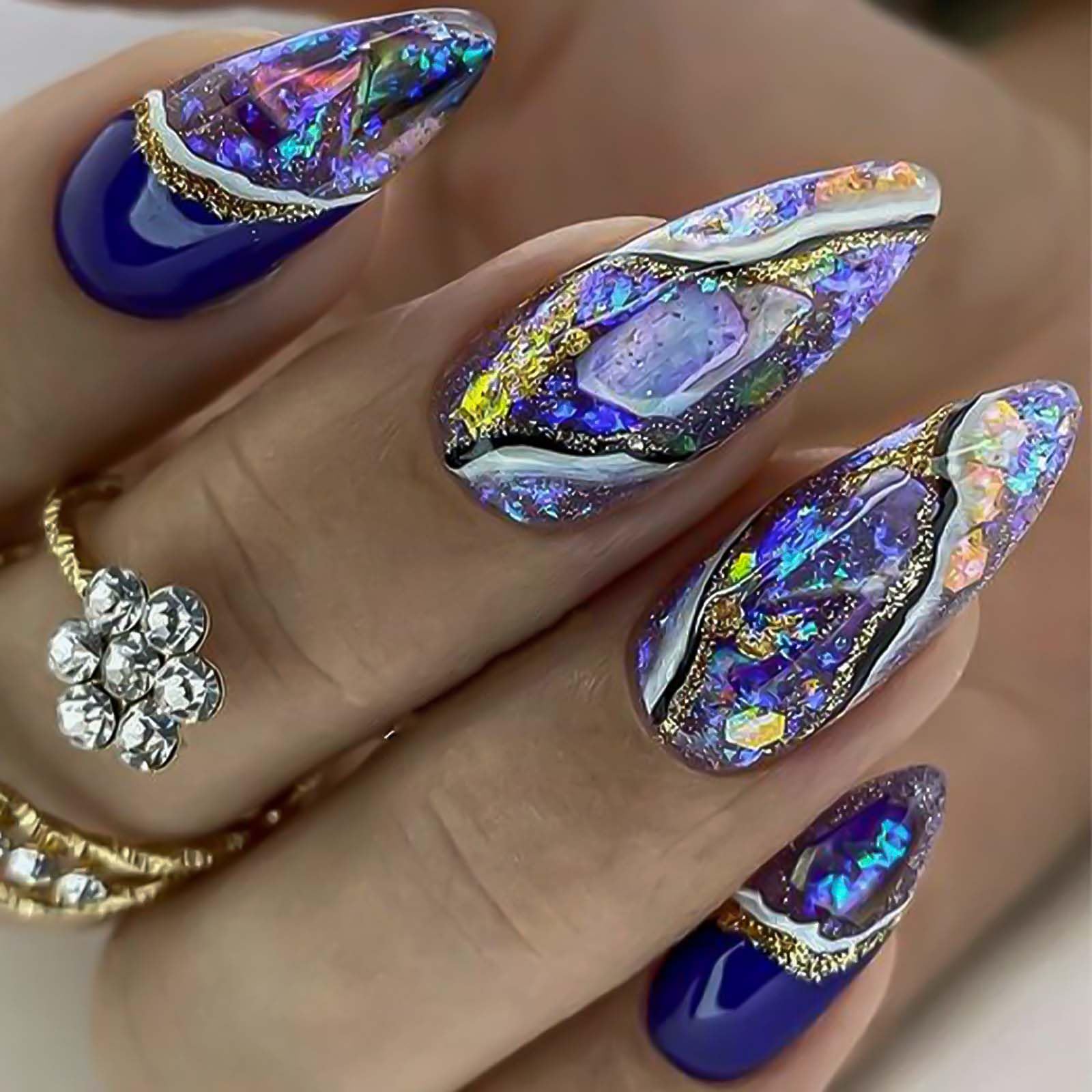 Rchosvam Marble Press on Nails Medium Almond Nails Press Ons Colorful Glaze Marble Design Fake Nail Full Cover Acrylic Flase Nail Gift for Womens