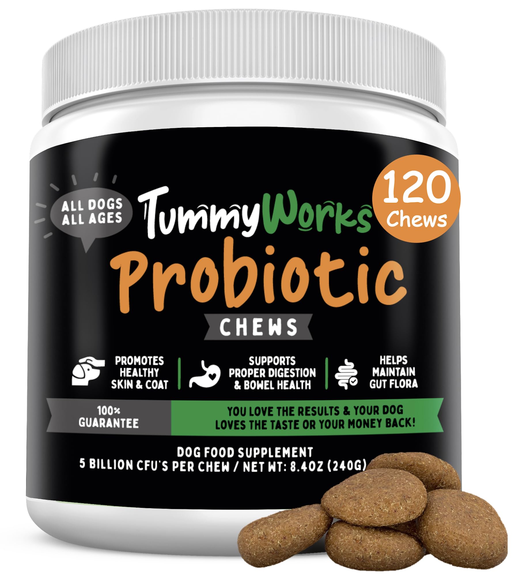 TummyWorks Probiotics for Dogs. 120 Probiotic Soft Chews for Digestive Health, Gut, Immunity, Energy, Allergies, Skin & Coat. 10 Strains, 5 Billion CFUs with 6 Enzymes. Made in USA