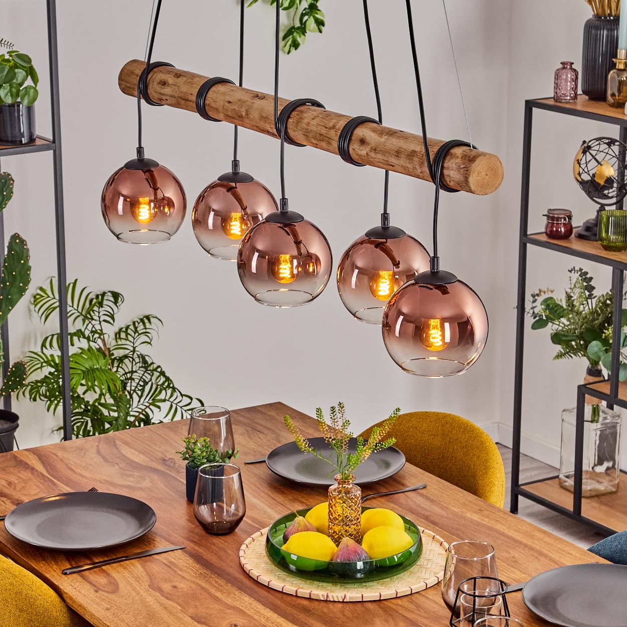 HOFSTEIN Koyoto Pendant Lamp, 5-Point Metal/Wood/Glass Pendant Light in Black/Natural/Copper/Clear Color, Vintage Pendant Lamp with Glass Shades