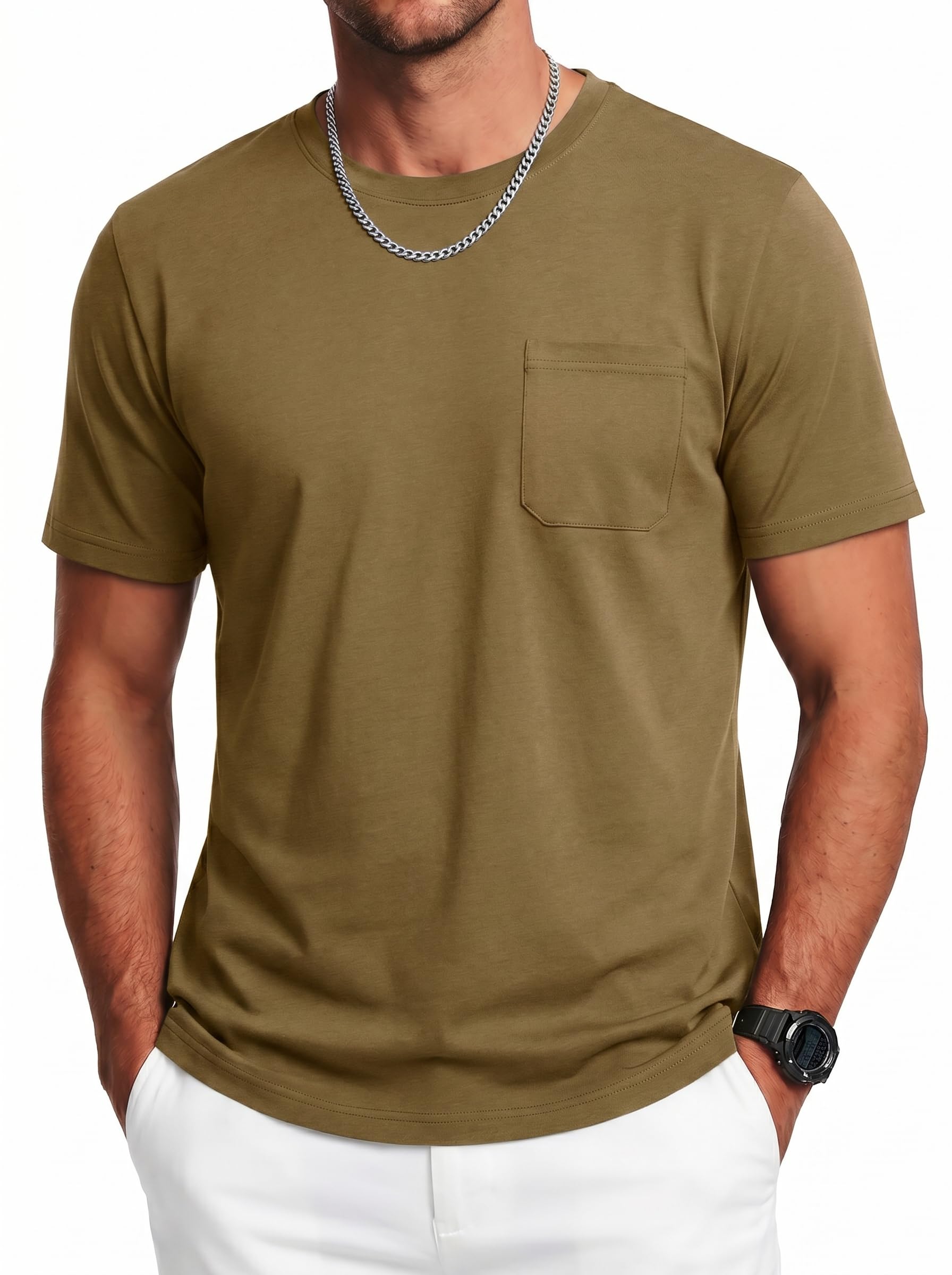 Cavva Herren T-Shirt Baumwolle Kurzarm UV Shirt Atmungsaktiv Tshirt Freizeit Oberteil Rundhals Top mit Brusttasche