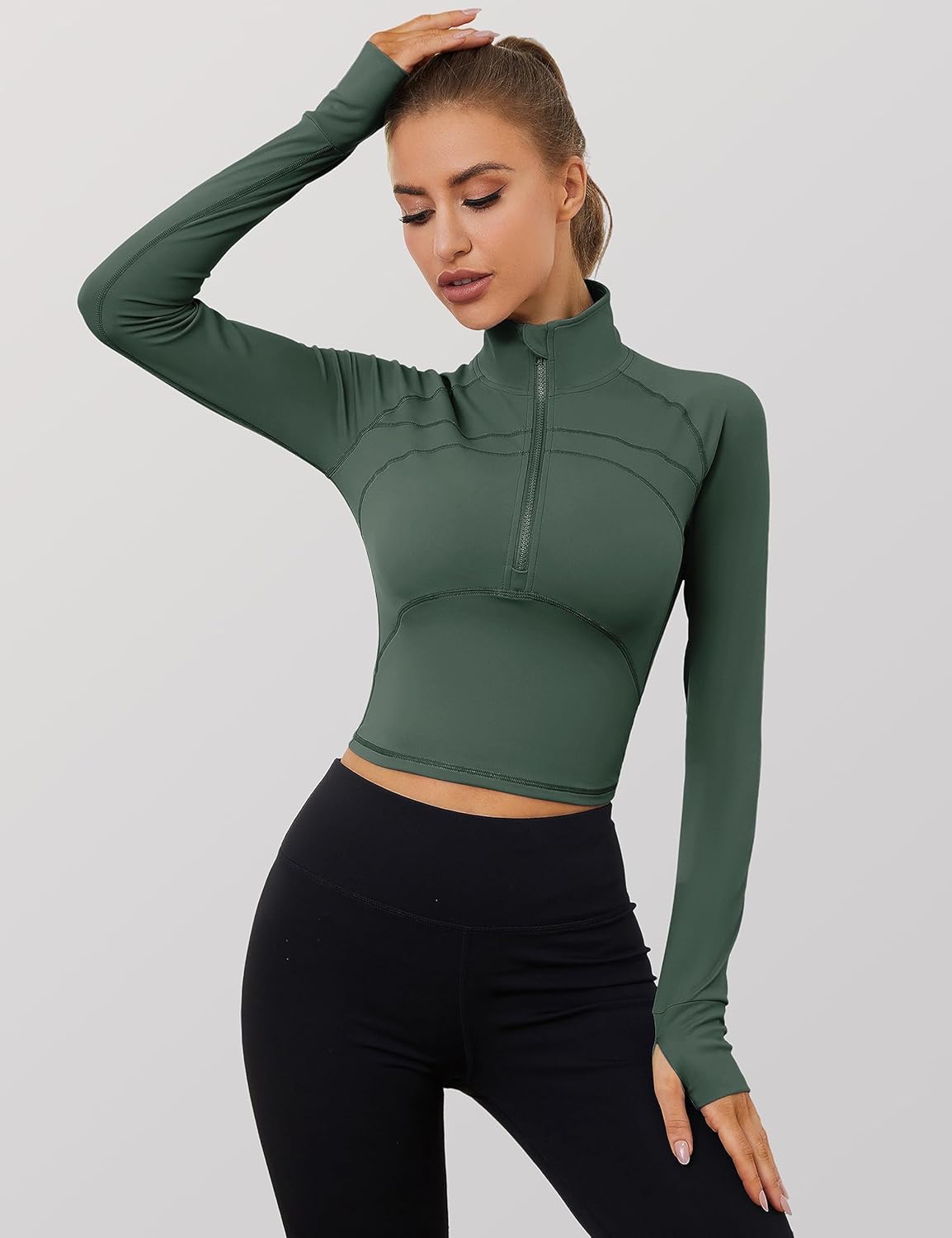 UANEO Long Sleeve Cropped Workout Tops for Women Gym Yoga Athletic Tops 1/2 Zip Jackets - Image 2
