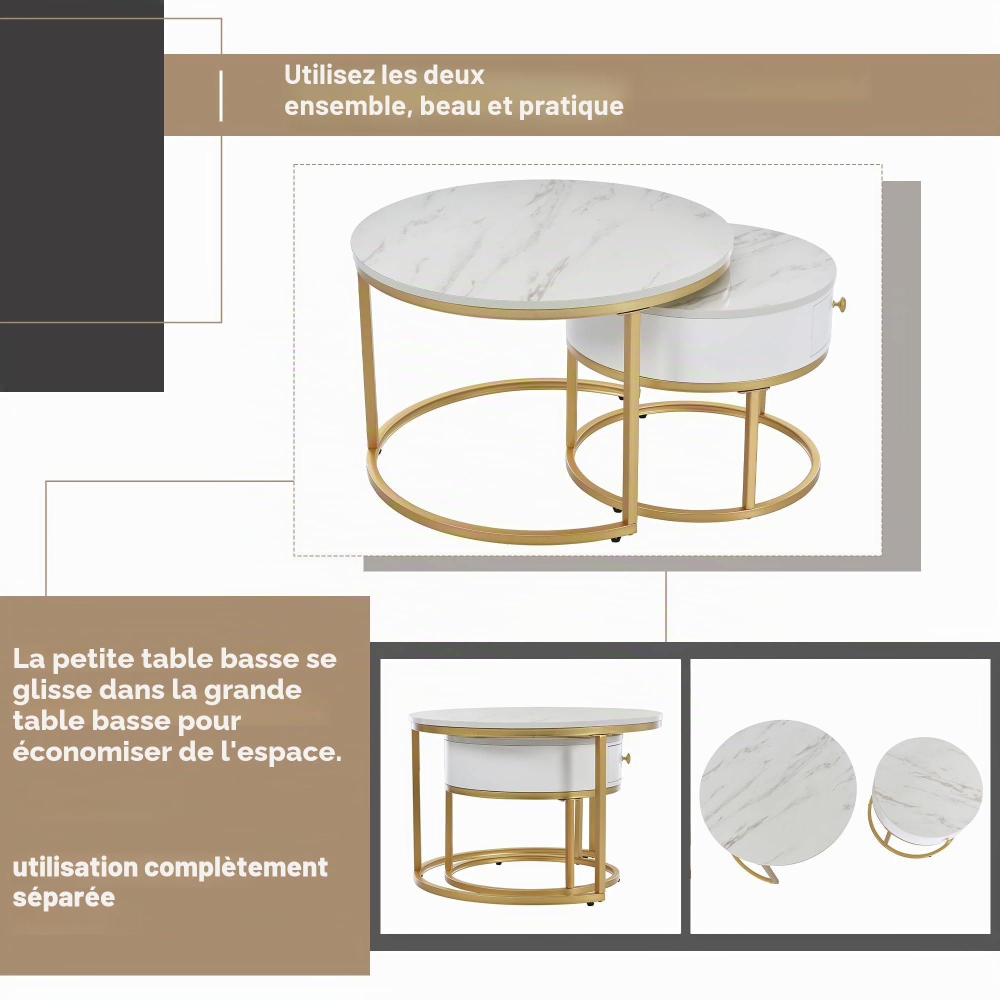 Merax Lot de 2 tables basses rondes, table d'appoint moderne pour salon avec tiroir, piétement en métal doré, motif marbre, tables de canapé pour chambre, balcon, bureau, Blanc