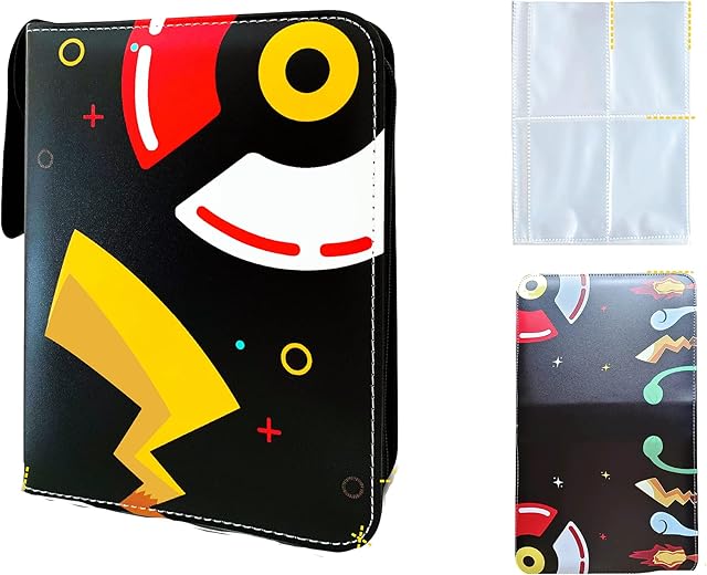 Bright Trading Card Binder with 50 Removable Sleeves, Fits 400 Cards- Portable, Durable Faux Leather Card Binder with Carrying Handle & Zip Closure- Elegant, Colorful Trading Card Sleeves Black