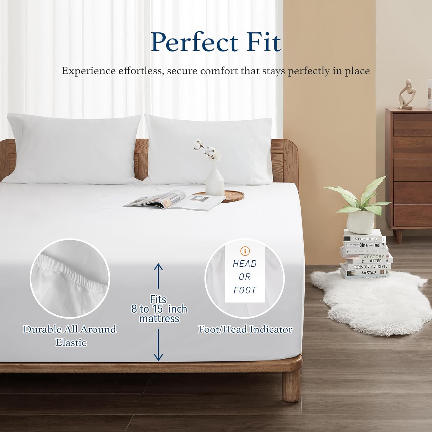 100% Cotton Percale Fitted Sheet Queen Size, 8-15" Deep Pocket Cooling Bottom Sheet, Breathable Soft & Crisp Fitted Sheet Only with 4 Corner Straps (Queen, White)