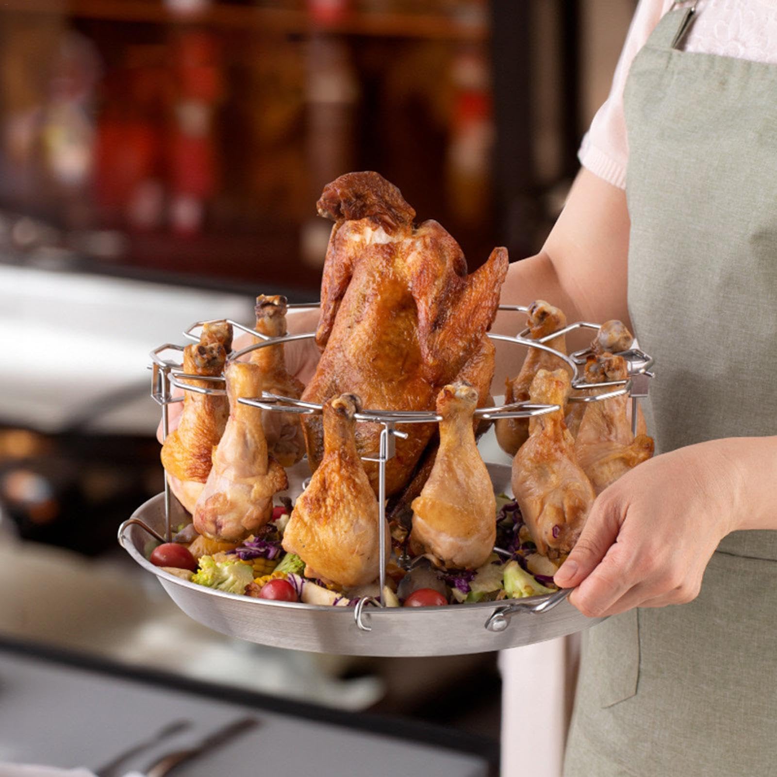 Estante para baquetas de pollo, estante de patas de pollo de acero inoxidable, estante vertical para asar pollo, soporte para herramientas de parrilla, estante redondo de acero inoxidable, estante