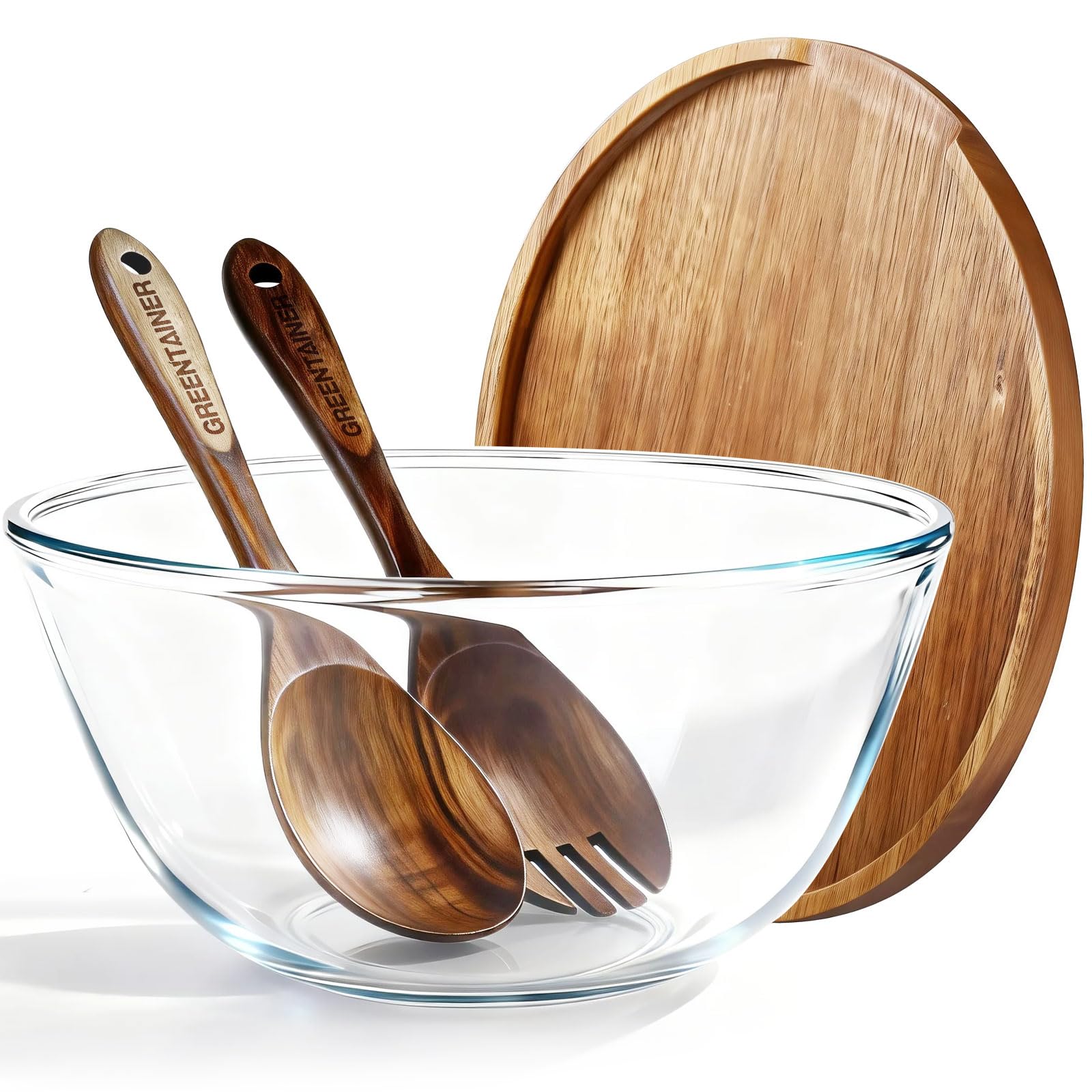 Greentainer Juego de ensaladera de 4 piezas, cubiertos para ensalada con cuenco para ensalada, cuenco redondo, ensaladera de cristal, apto para lavavajillas