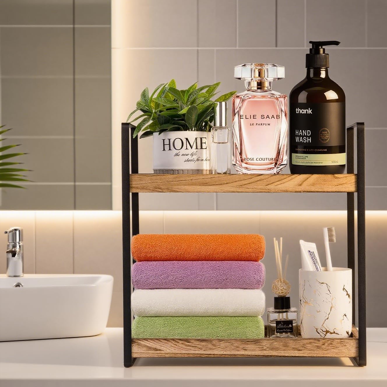 Scaffale da Bagno in Legno Verticale e Stretto, Piccolo Organizzatore per Bagno, Portatrucchi per Toeletta o Cucina, Mensola da Appoggio (2 Livelli)