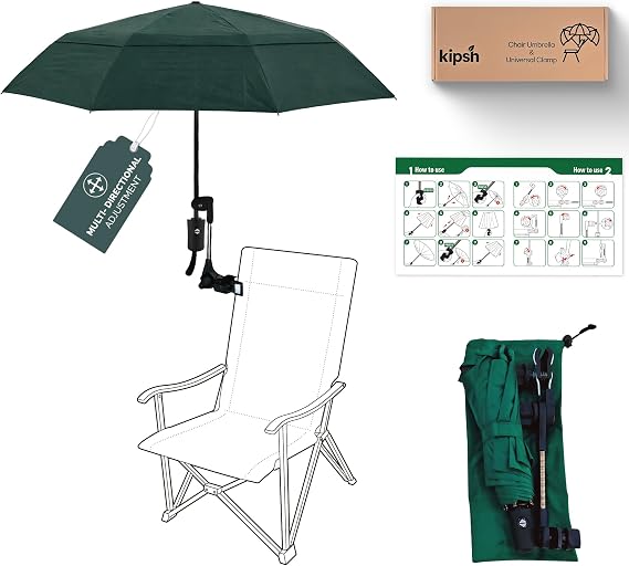 Chair Umbrella with Universal Clamp (Dark Green) | UPF 50+ UV Protection, Clip-on Outdoor Sports Umbrella for Beach Stroller Pool Camp, Compact Lightweight Portable Shade