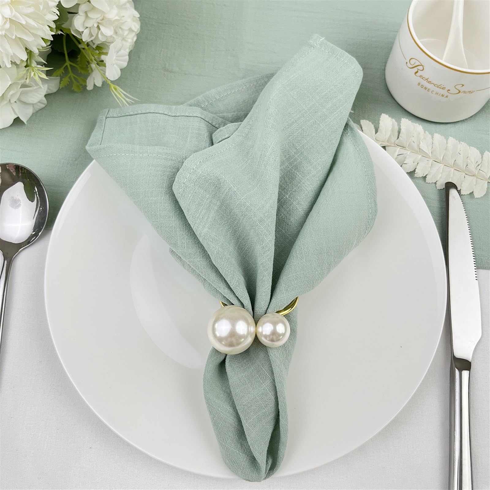 Lot de 40 serviettes de service en coton pour décoration de mariage, Pâques, 40 x 40 cm, vert sauge
