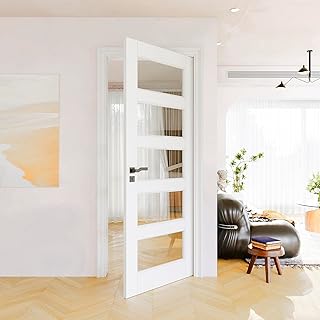 32"x80" CARB P2 Solid Core & Pre-Finished Thick SGCC Clear Glass Doors, Interior Door for Room, 5-Panel Pre-Built Wood Panel w/o Prehung Jamb, Slab Door for Closet, Bedroom Doors