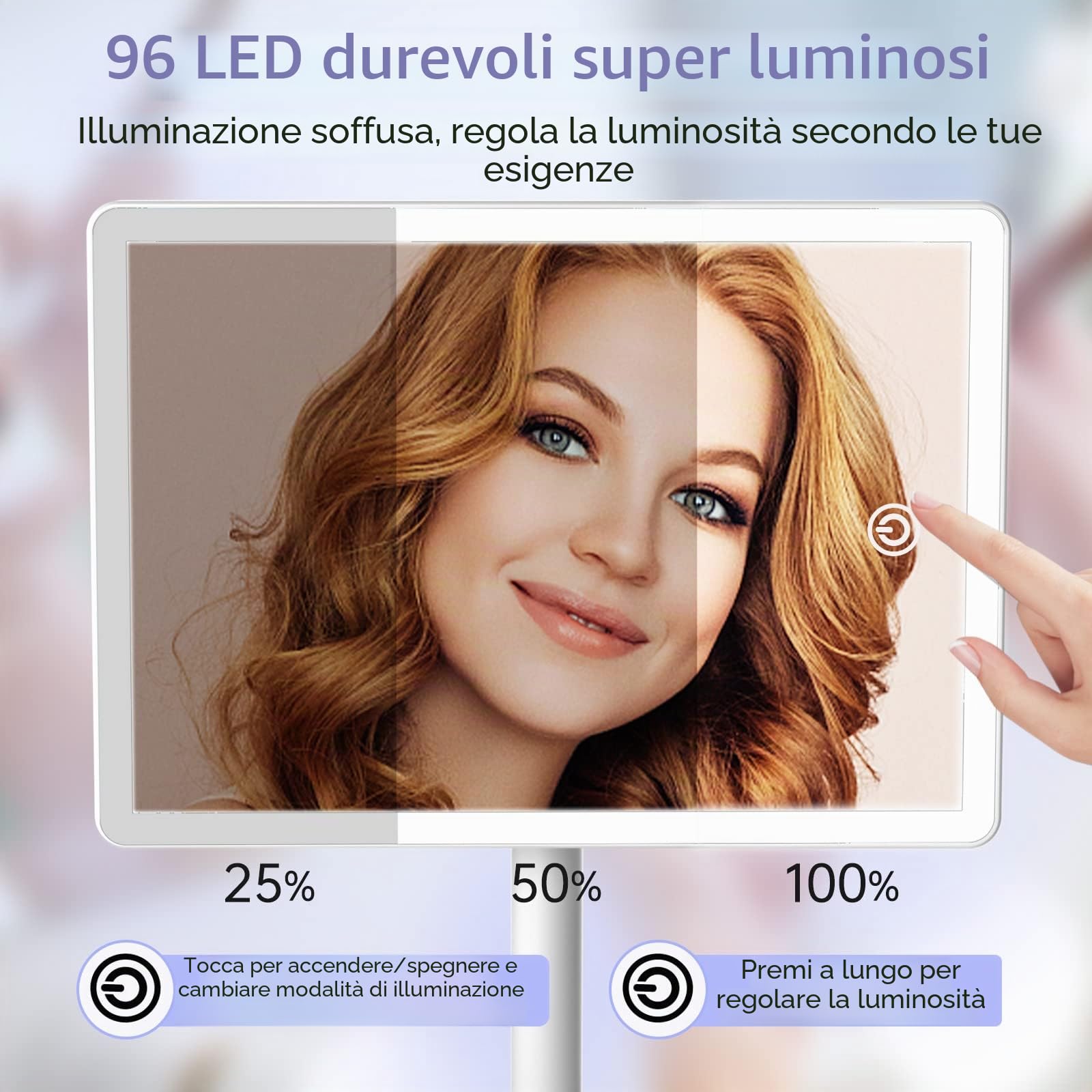 Specchio cosmetico ricaricabile con luci, 96 LED illuminato specchio cosmetico con supporto per telefono e specchio ingranditore 10x, illuminazione a 3 colori, specchio cosmetico illuminato con
