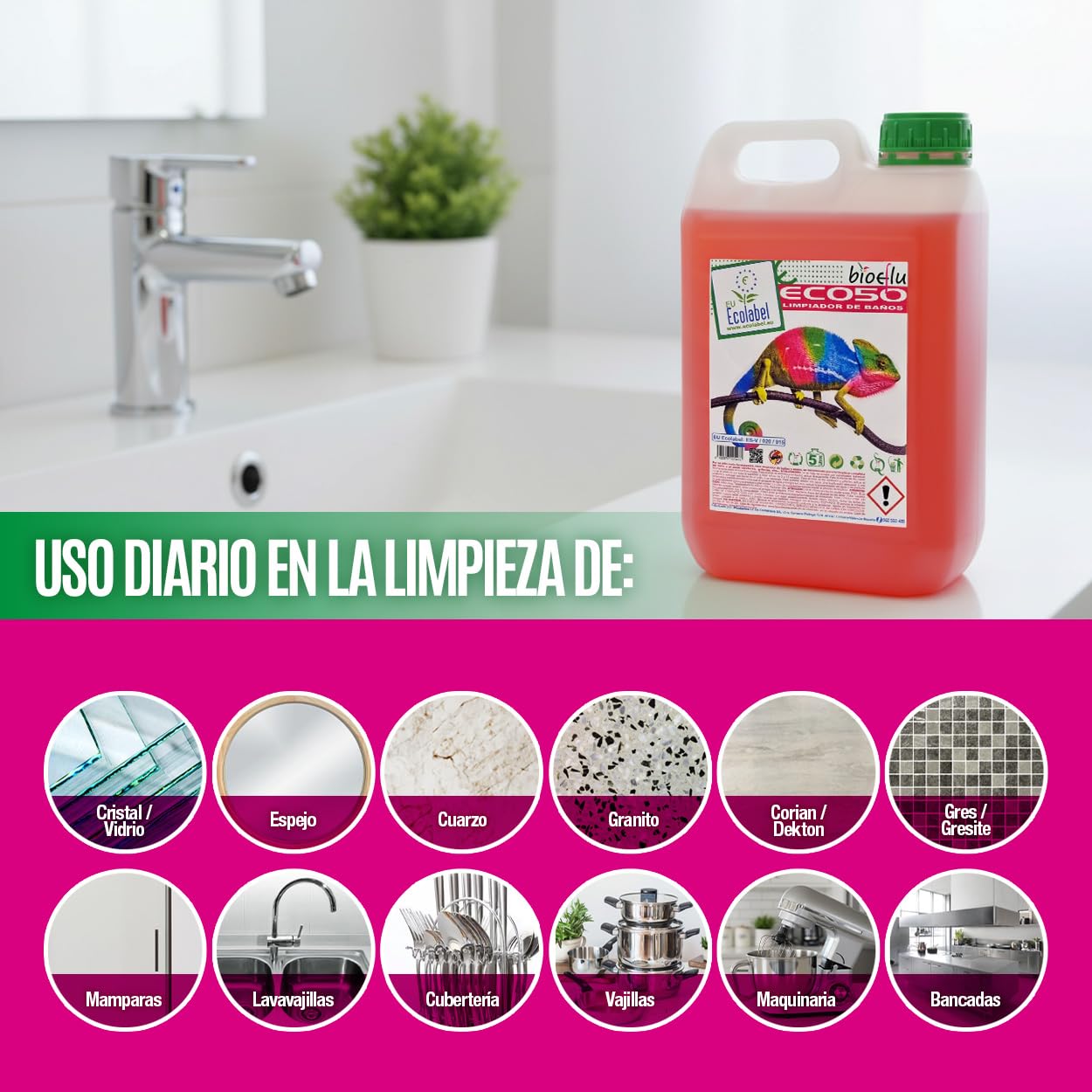 BIOEflu ECO50 Limpiador de Baños Ecológico 5000 ml – Limpieza Baño Profesional – Limpia WC Antical con Ecolabel – Multiusos Limpieza para Inodoros, y Grifería
