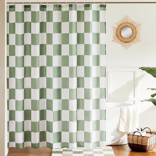 Ohocut Checkered Rideau de douche, Sage Rideaux de douche verts pour salle de bain, mignon retro Checkboard Rideau de Douche Vintage Esthétique, Rideau de bain en tissu lavable 72''x72'''