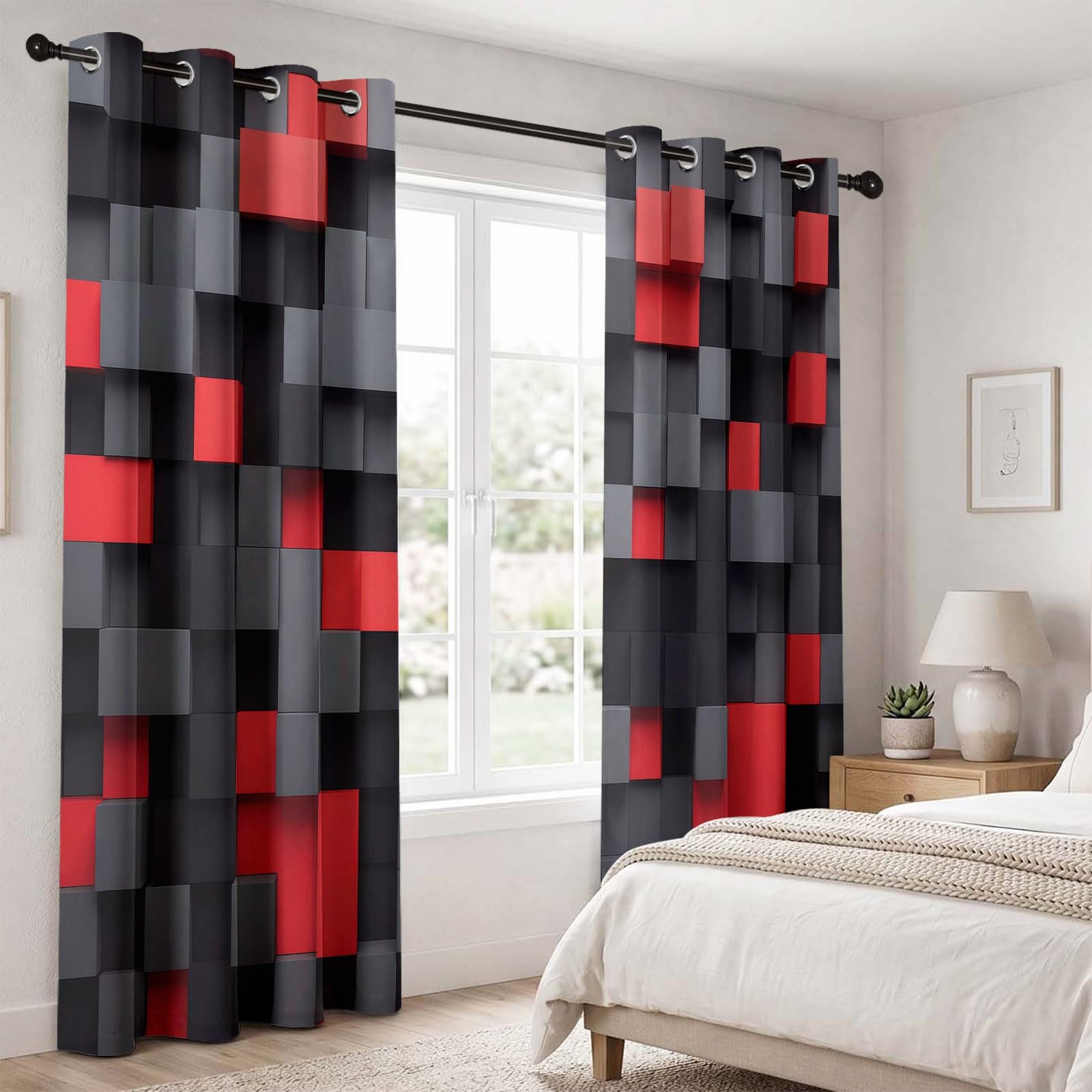 Verdunkelungsvorhänge Modern Minimalistisch, 3D Geometrisch Würfel Quadrate Farbblöcke Vorhänge mit Ösen für Wohnzimmer, H245 x B100 cm 2 Paneele Blickdicht Thermovorhang für Schlafzimmer, Schwarzgrau