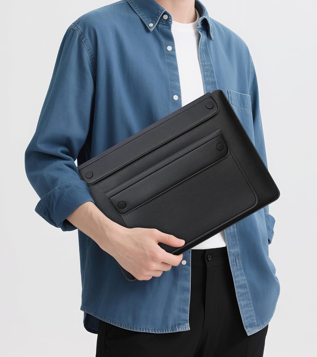 Lacdo 15.6 Inch Laptop Sleeve Case for Lenovo Acer Dell ASUS HP 15.6" Laptop, Lenovo IdeaPad, Acer Aspire, HP Pavilion, Dell Inspiron, ASUS Vivobook, Leather Computer Sleeve with 3 Compartments, Black image 6 of 8 B0FKFN8SRD