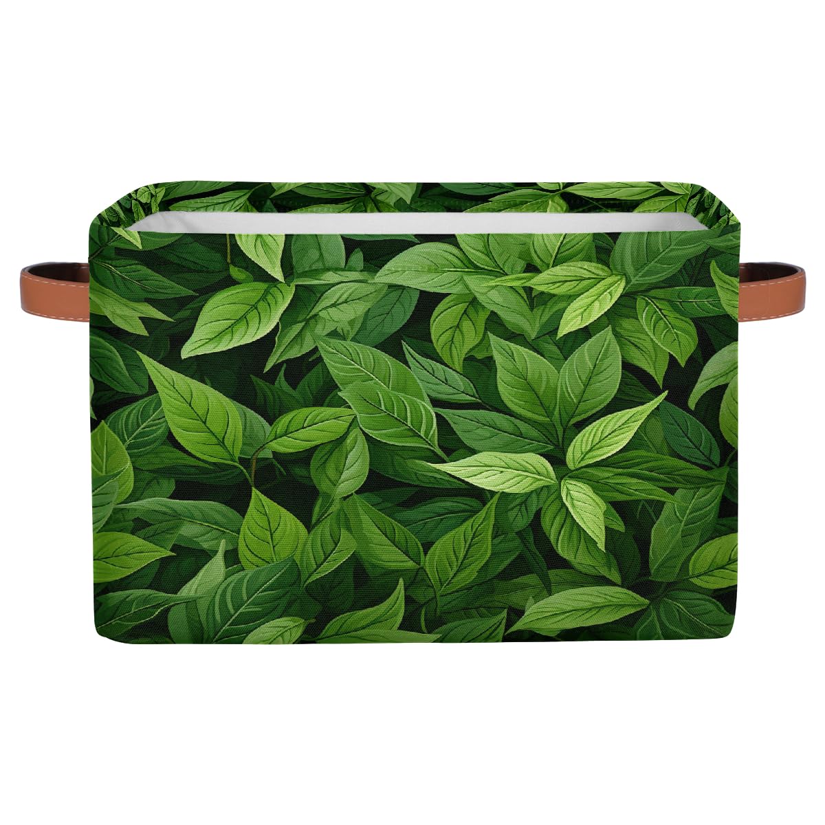 Mexpekil Storage Basket Bin 38x28x24 cm, Fabric Foldable Organiser Box with Handles for Toys, Clothes & Home Organisation, Green Leaves