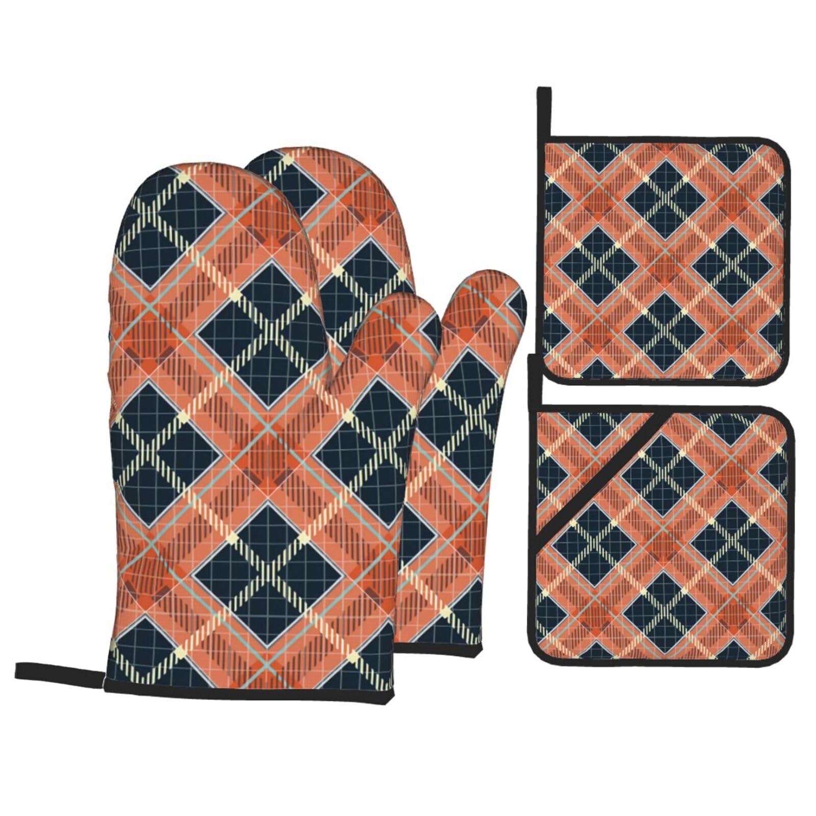 Tartan Autumn Color Panel Plaid Tartan Flannel S Trendy Til Heat Resistant Oven Mitts and Pot Holders Set of 4 Protection Utensil Pocket for Grilling Baking Cooking