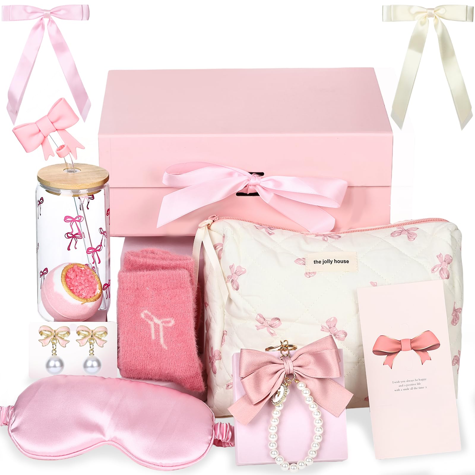 MEPIG Pink Bow Gift Basket for Women 13 Pcs Coquette Bow Teen Girl Happy Birthday Box Girl Trendy Stuff Set Valentines Galentine's Gifts Includes