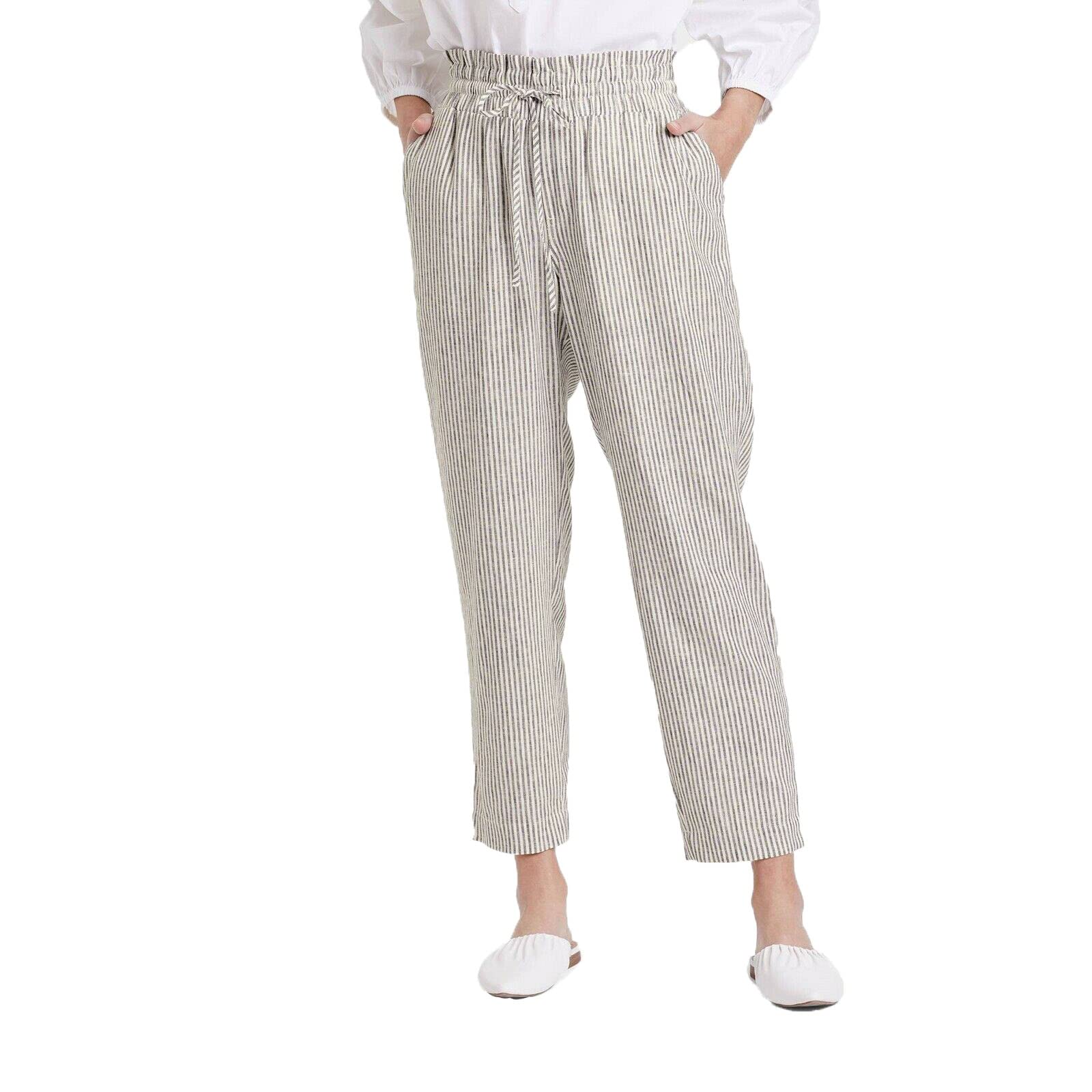 A New Day Womens High-Rise Ruffle Waisted Pull-On Ankle Pants Blue White Striped Medium