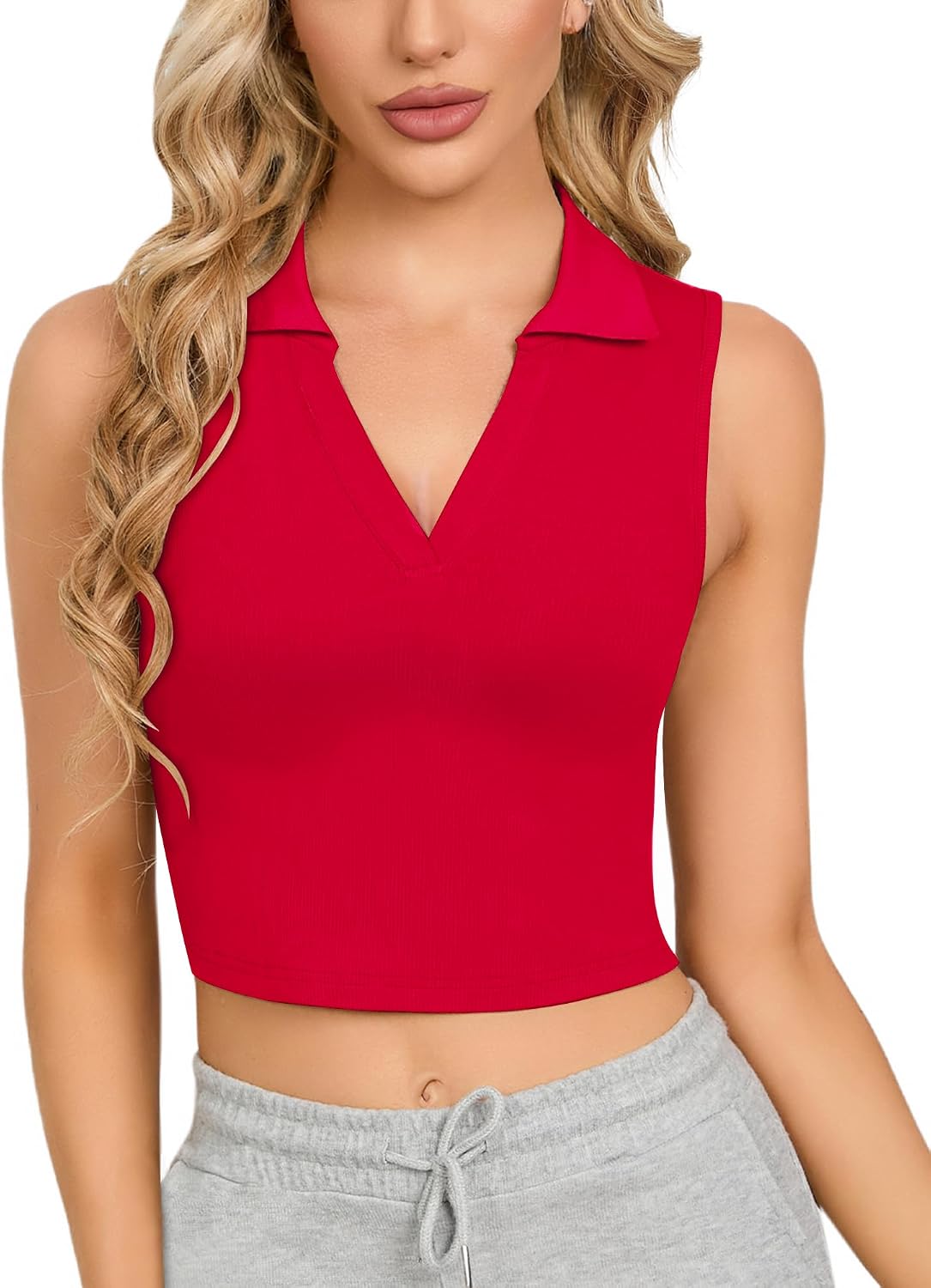 CLOZOZ Womens Tank Tops Polo Crop Top V Neck Ribbed Sleeveless Tops Collar Shirts Womens Crop Tops Polo Cropped Tank Trendy