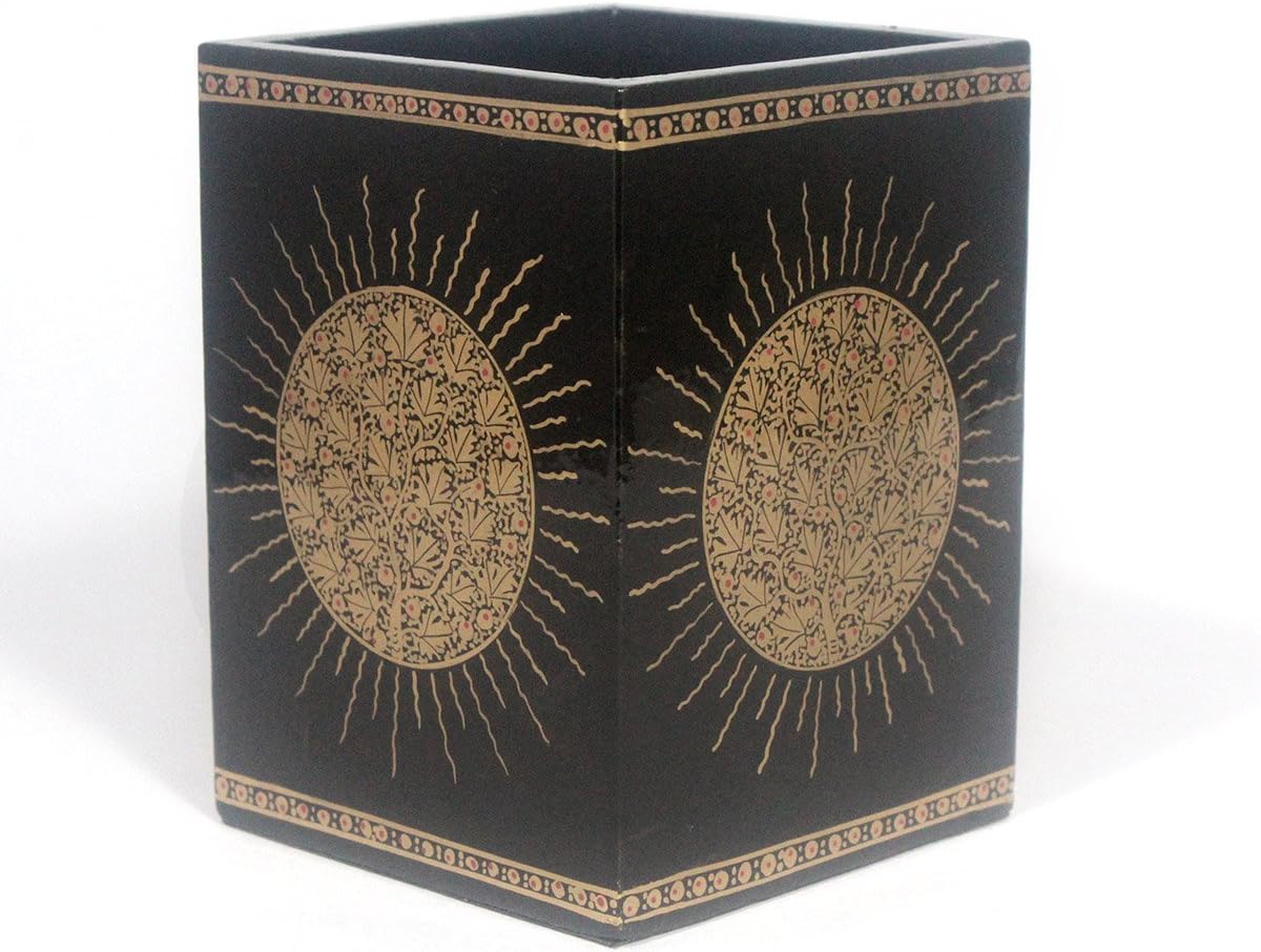 India Meets India Christmas Handmade Decorative Black Desk Table Accessories Organizer/Stationery Stand Holder/Pen Stand Holder/Pencil Stand Holder with Fine Gold Work