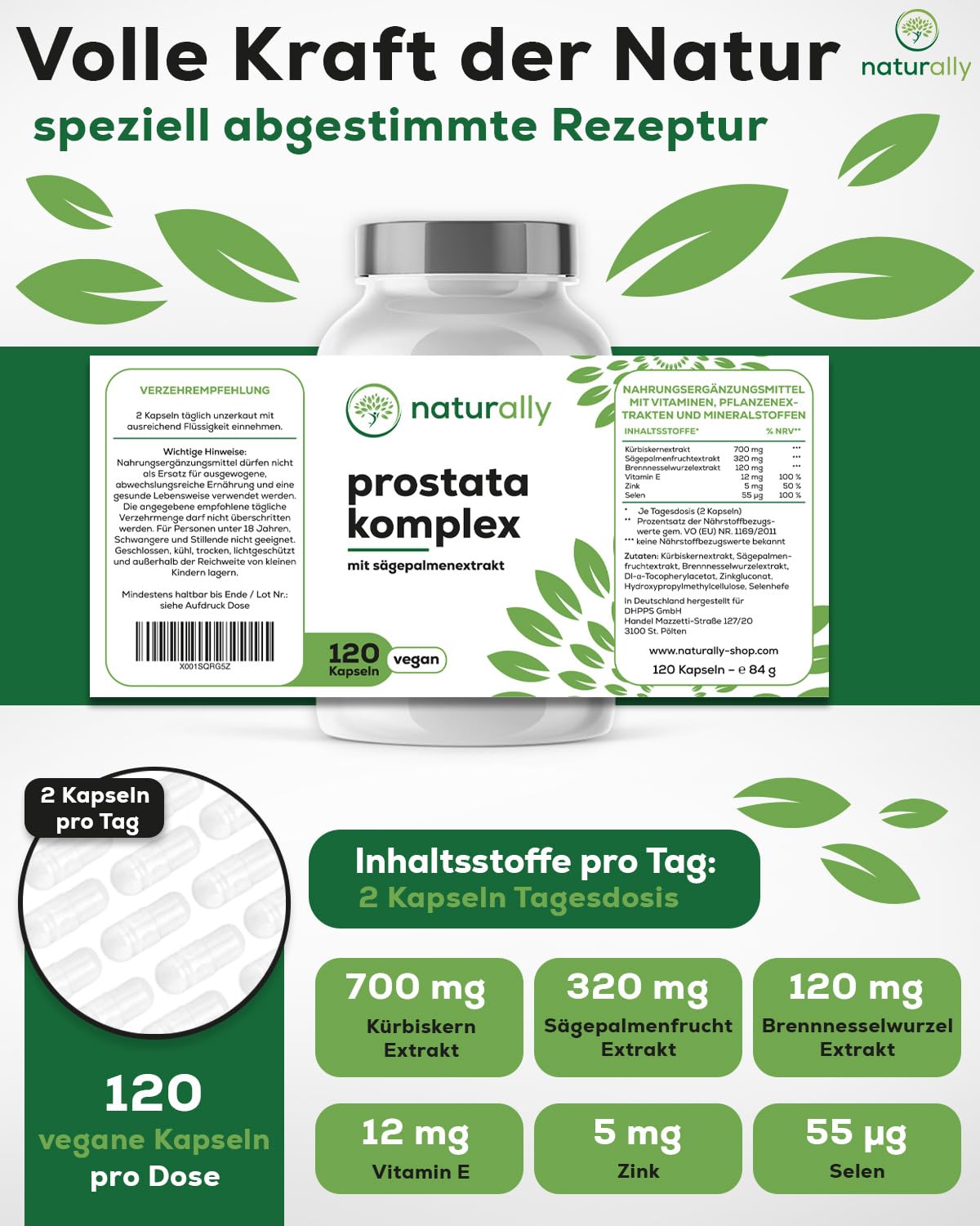 naturally Prostata Komplex Kapseln mit Sägepalmenextrakt hochdosiert – Prostata Kapseln mit Kürbiskern, Brennnessel, Vitamin E, Zink, Selen für Männer [120 Stk] – vegan, prosta vit, Sägepalme