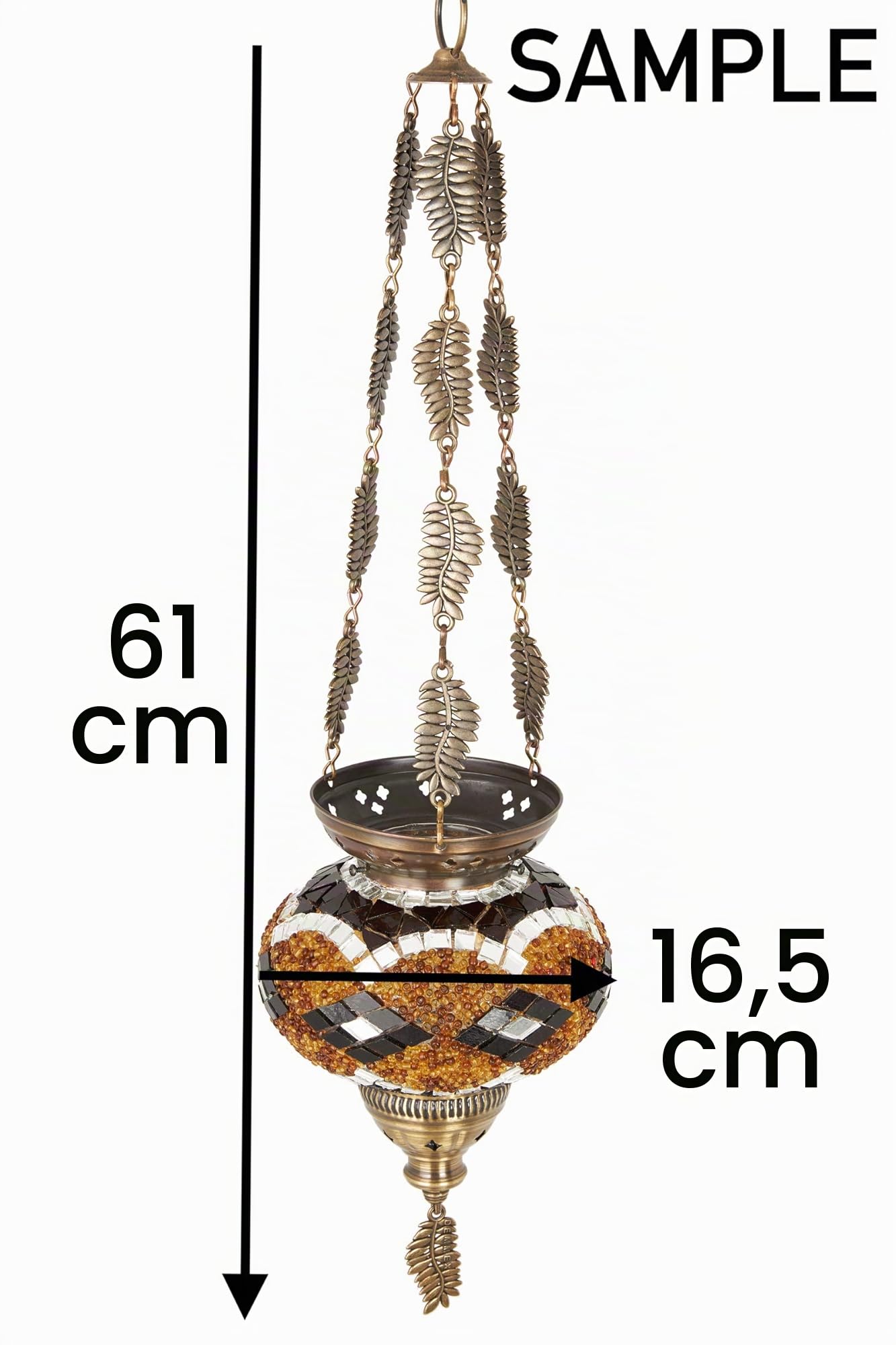DEMMEX Türkisch-marokkanisches buntes Mosaik-Boho-Kerzenhalter zum Aufhängen, Laterne mit handgefertigter bunter Glaskugel und Metallblattketten, 61 cm (Space Fire)