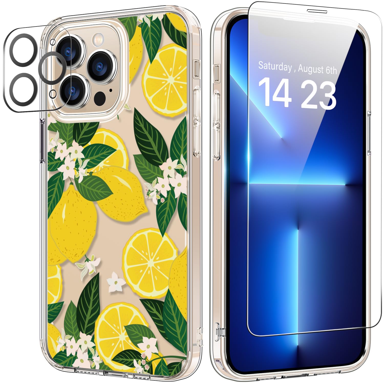 bicol for iPhone 14 Pro Max Case with Screen and Camera Lens Protector - Fashionable Flower Floral Designs for Women Girls - Shockproof Acrylic Clear Phone Cover 6.7"- Nice Lemons